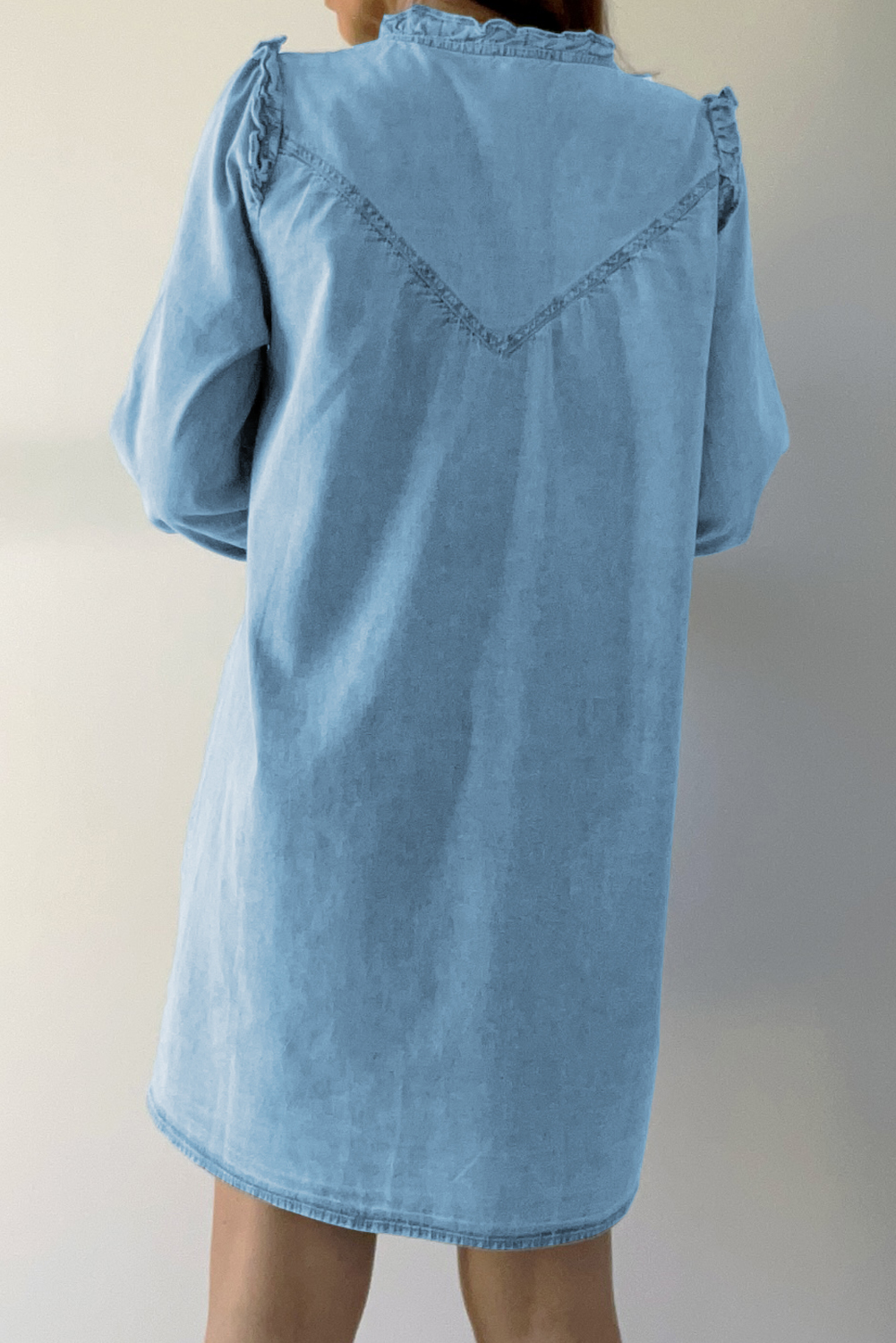 Myosotis Ruffled V Neck Buttoned Shift Denim Dress - loveforevers