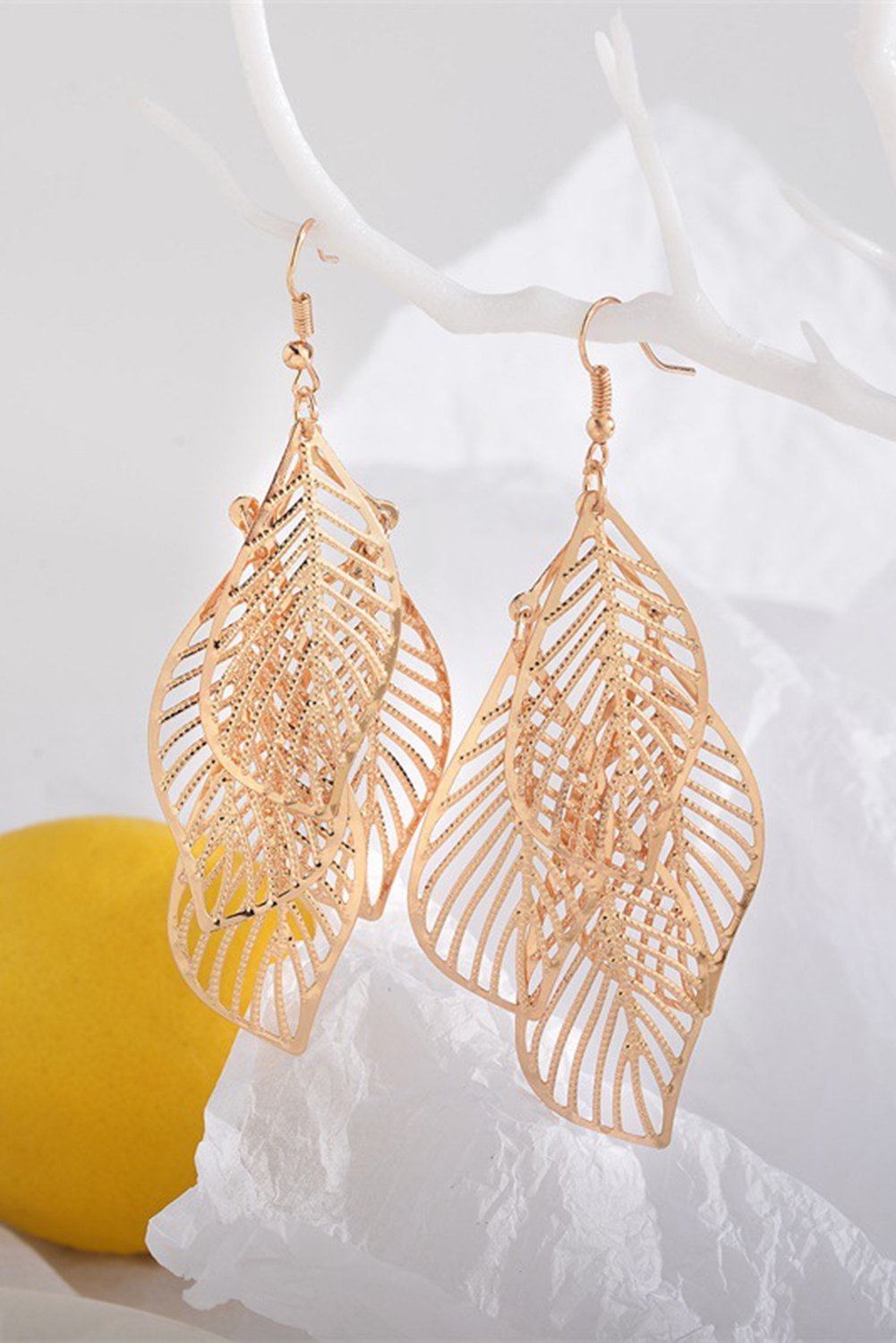 Gold Hollow Out Leaves Plated Alloy Hook Earrings - loveforevers
