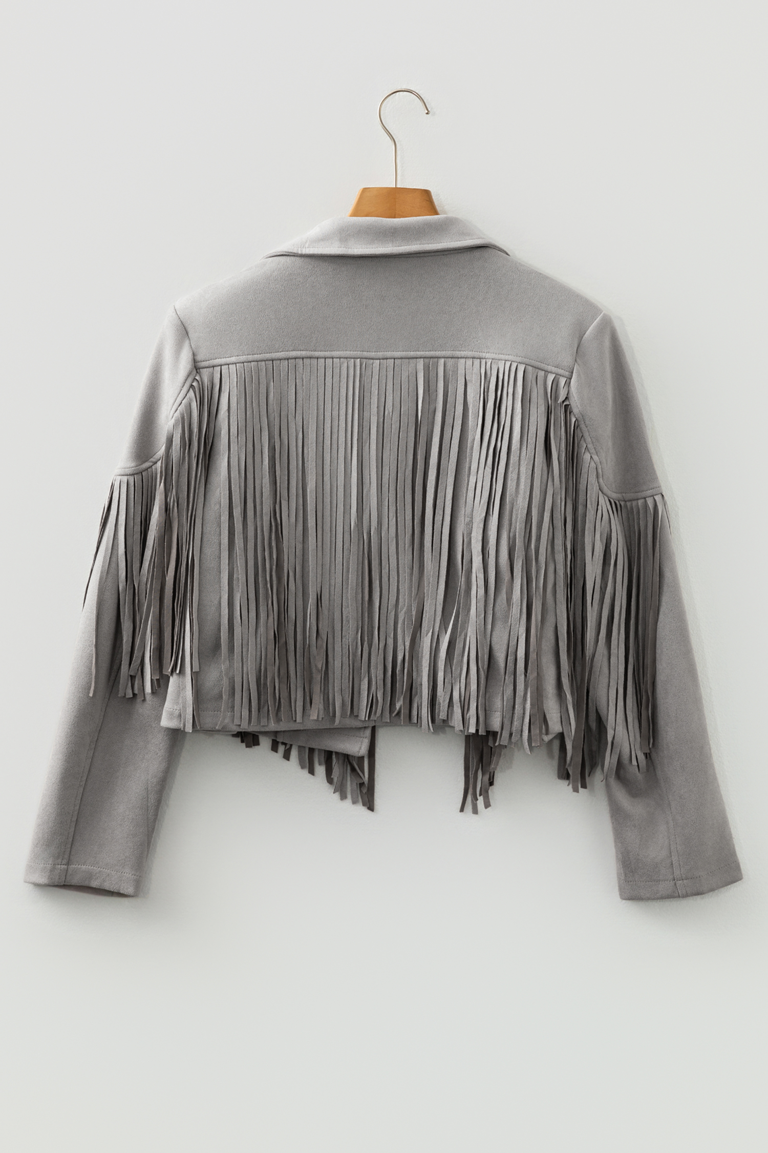 Gray Cropped Fringe Faux Suede Jacket - loveforevers