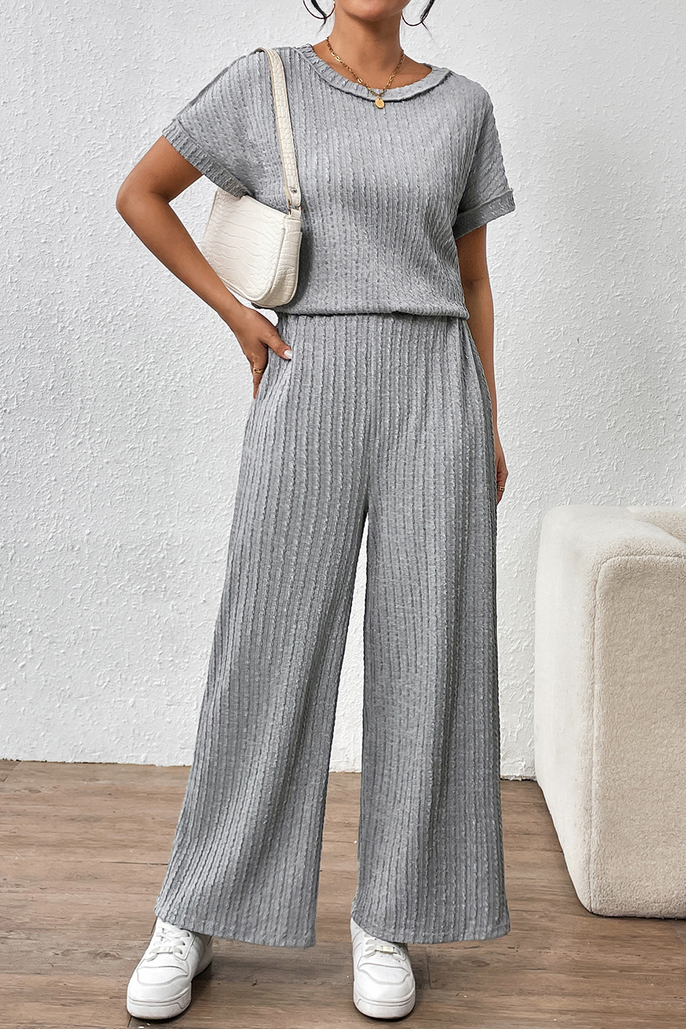 Gray Striped Texture Loose Tee and Pants Set - loveforevers