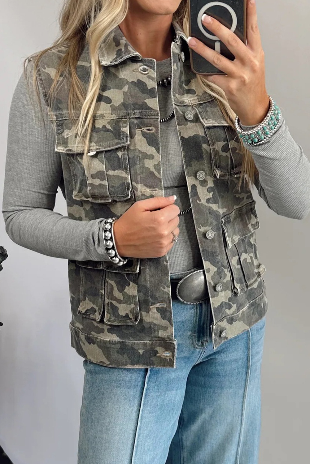 Green Camo Cargo Denim Vest - loveforevers