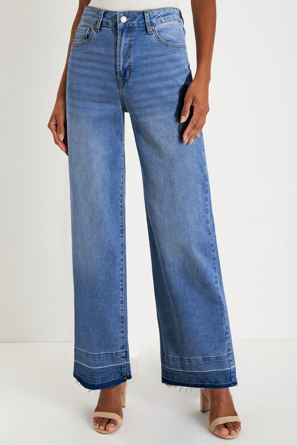Real Teal Raw Hem Unique Cuffs Straight High Rise Loose Jeans - loveforevers