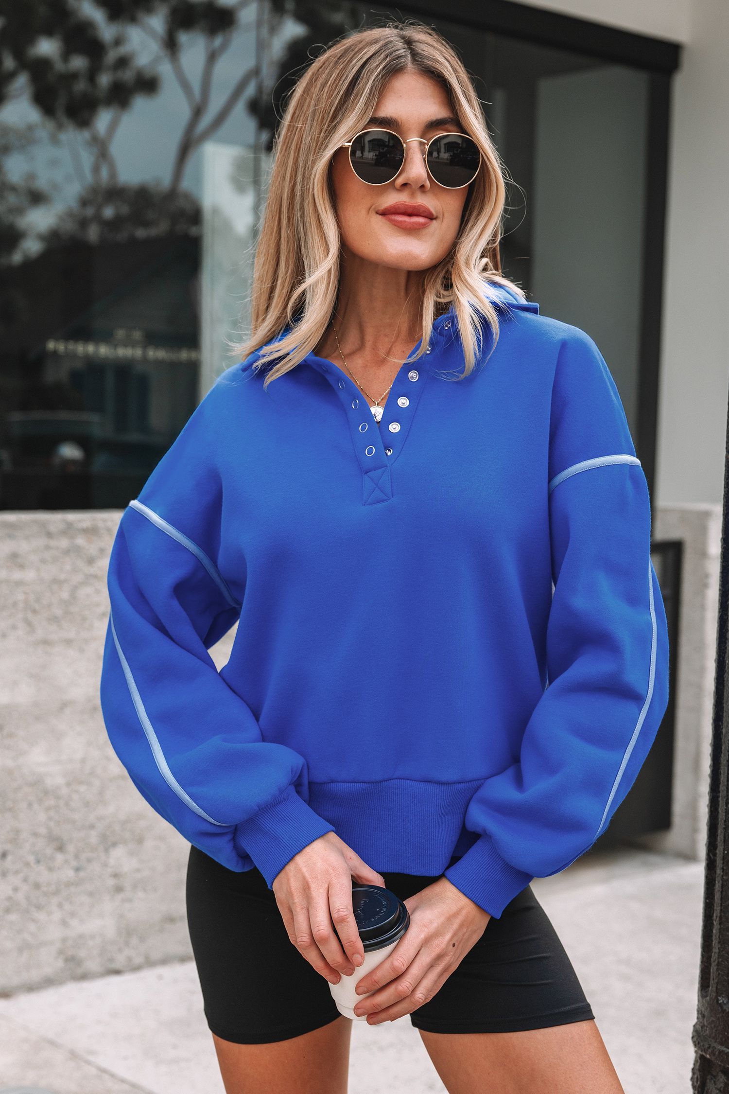 Sky Blue Button up Collared Exposed Seam Chic Sweatshirt - loveforevers