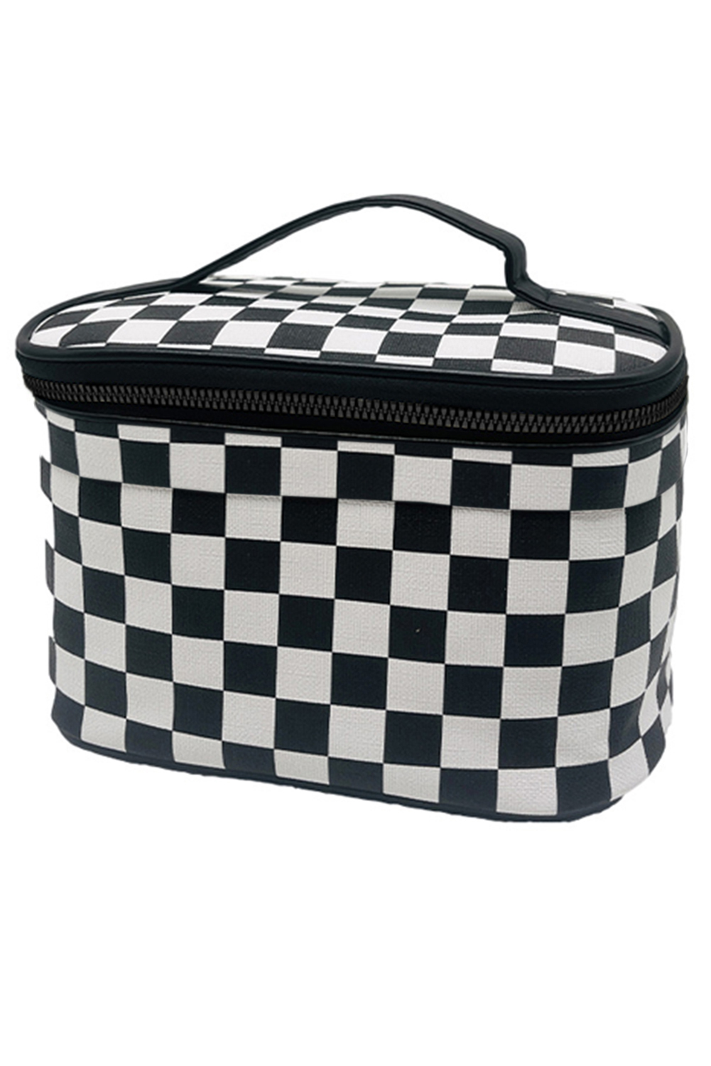 Black Checkered Zipper Large Cosmetic Bag with Handle - loveforevers