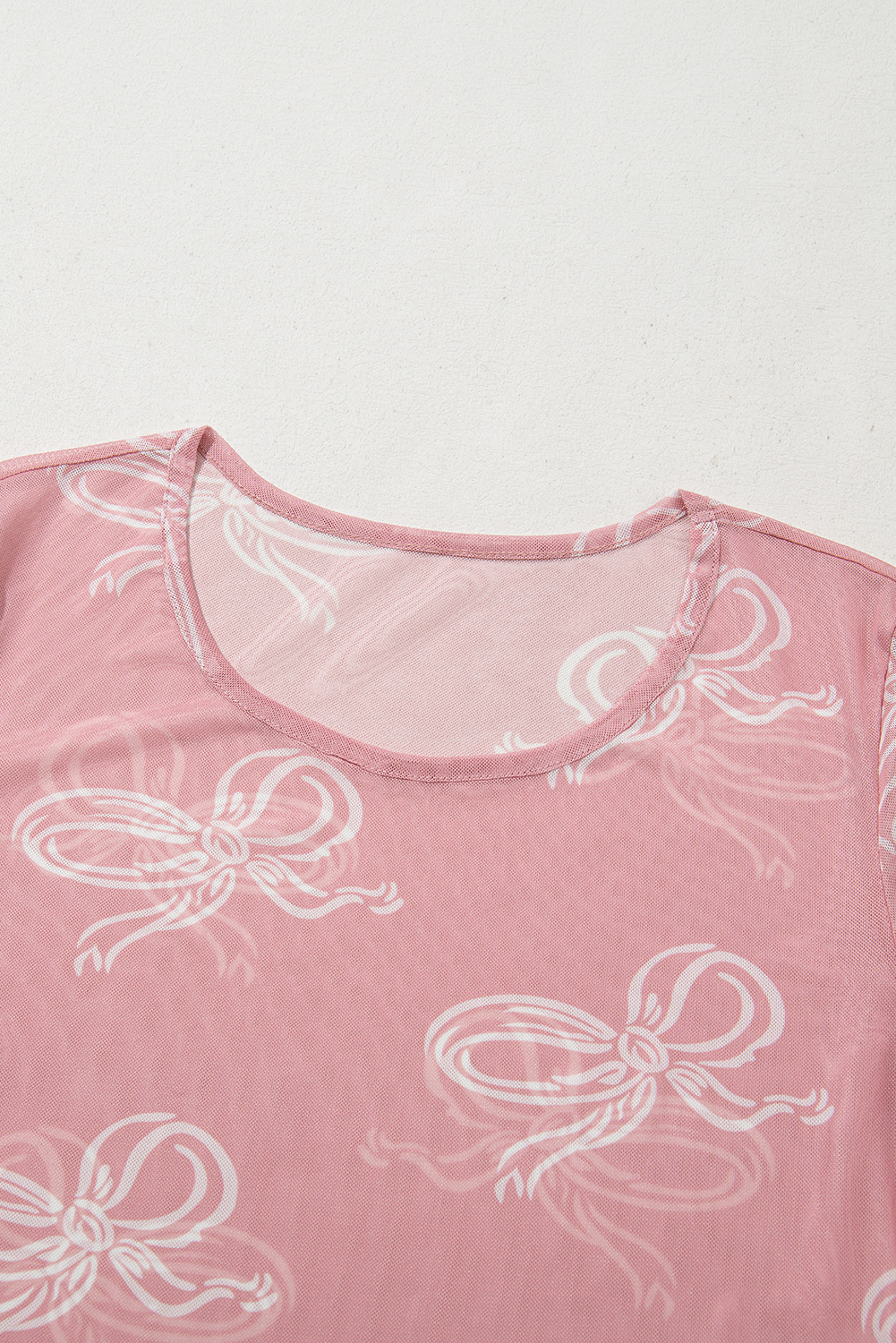 Pink Round Neck Bow Print Long Sleeve Mesh Top - loveforevers