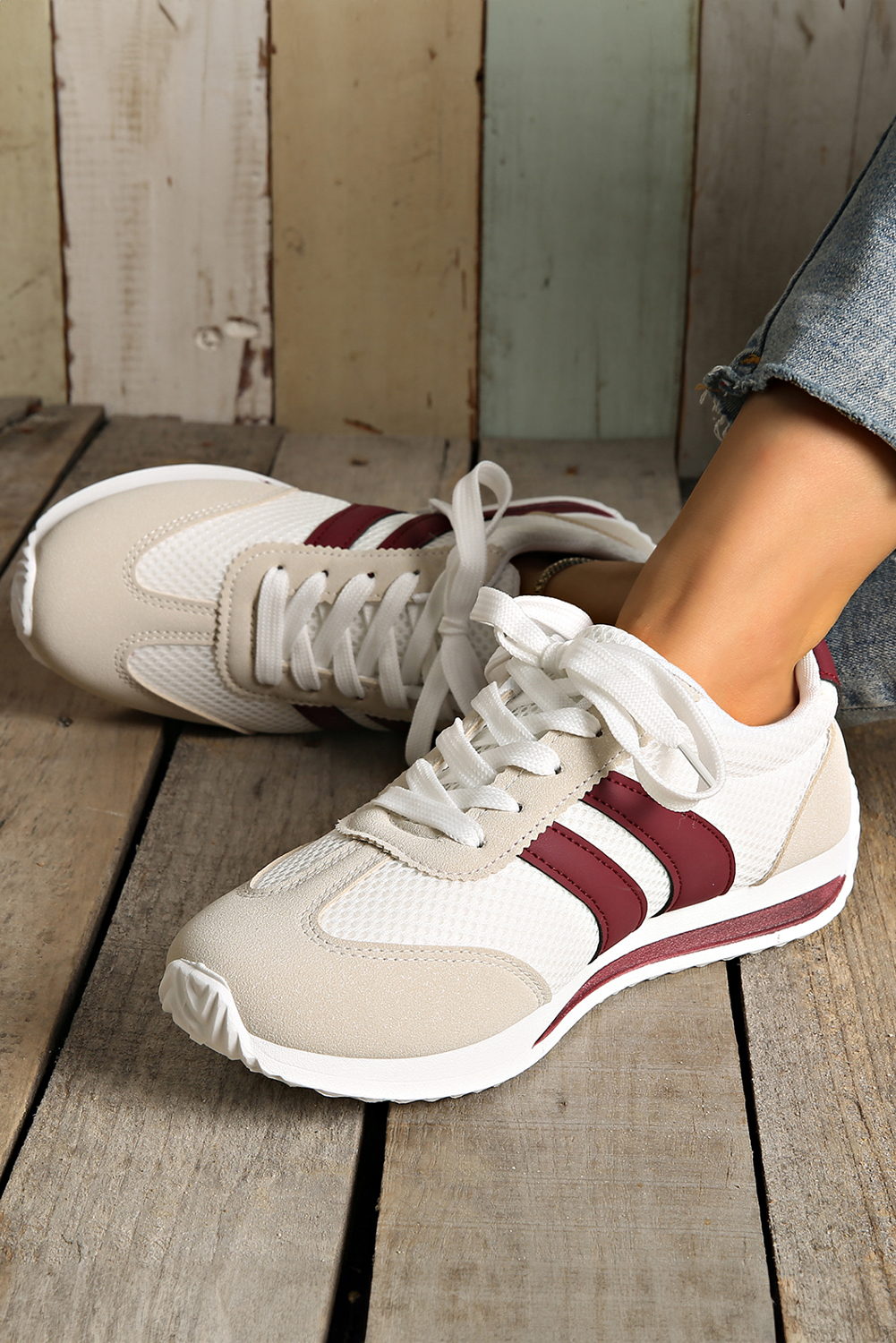 White Color Block Patchwork Breathable Lace-up Sneakers - loveforevers