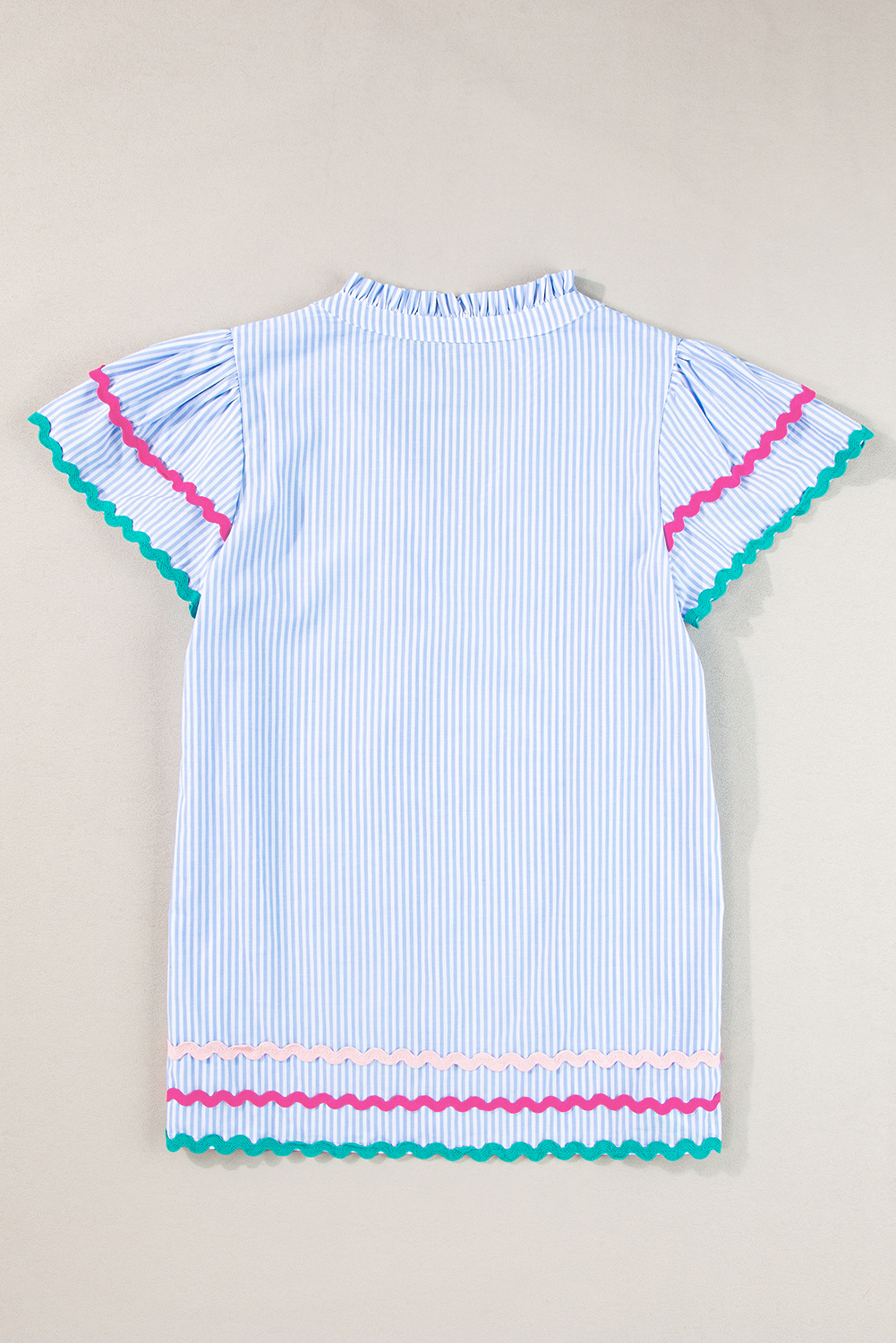 Sky Blue Stripe Ricrac Trim Split Neck Striped Ruffled Sleeve Blouse - loveforevers