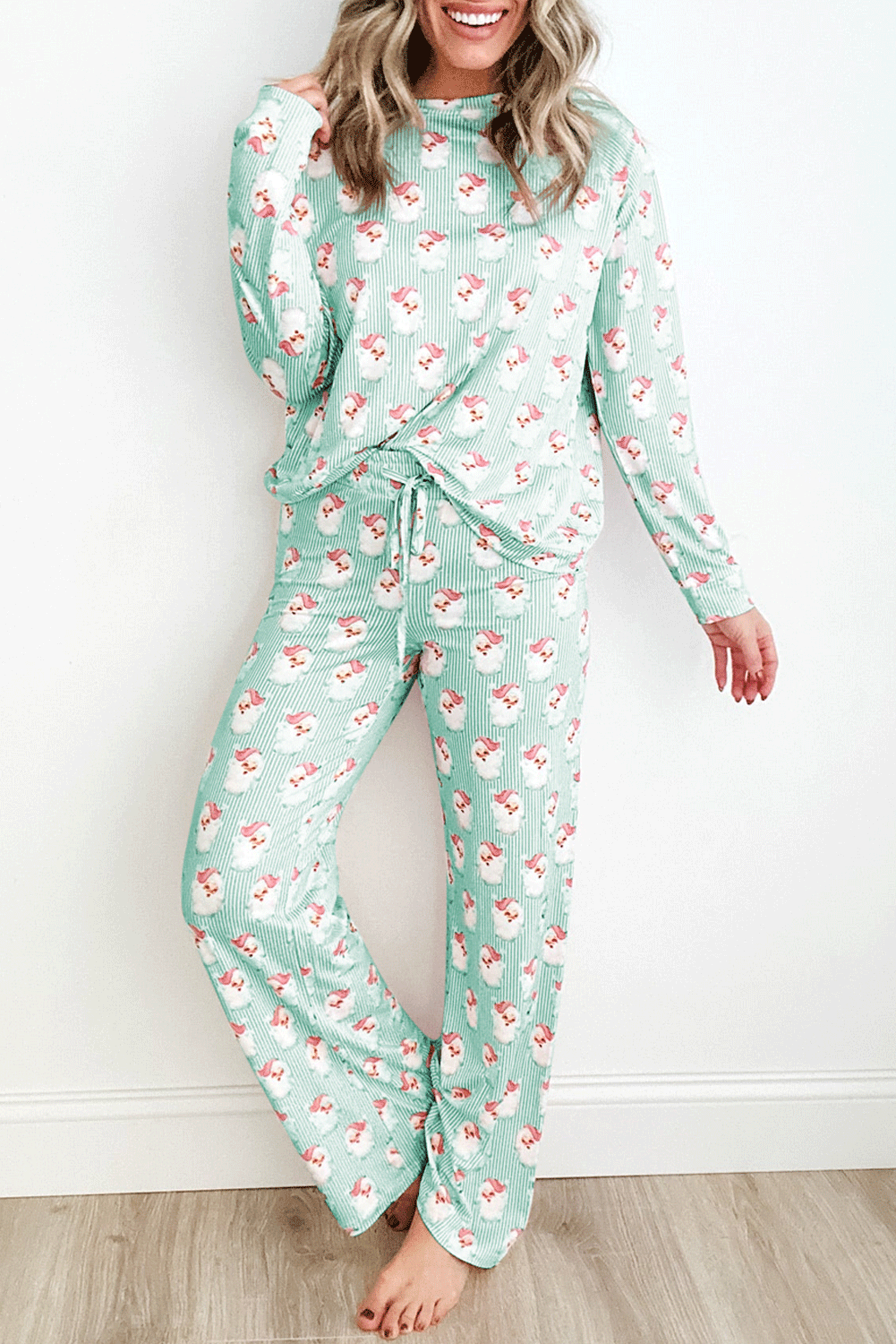 Green Santa Claus Striped Print Loose Fit Two Piece Lounge Set - loveforevers