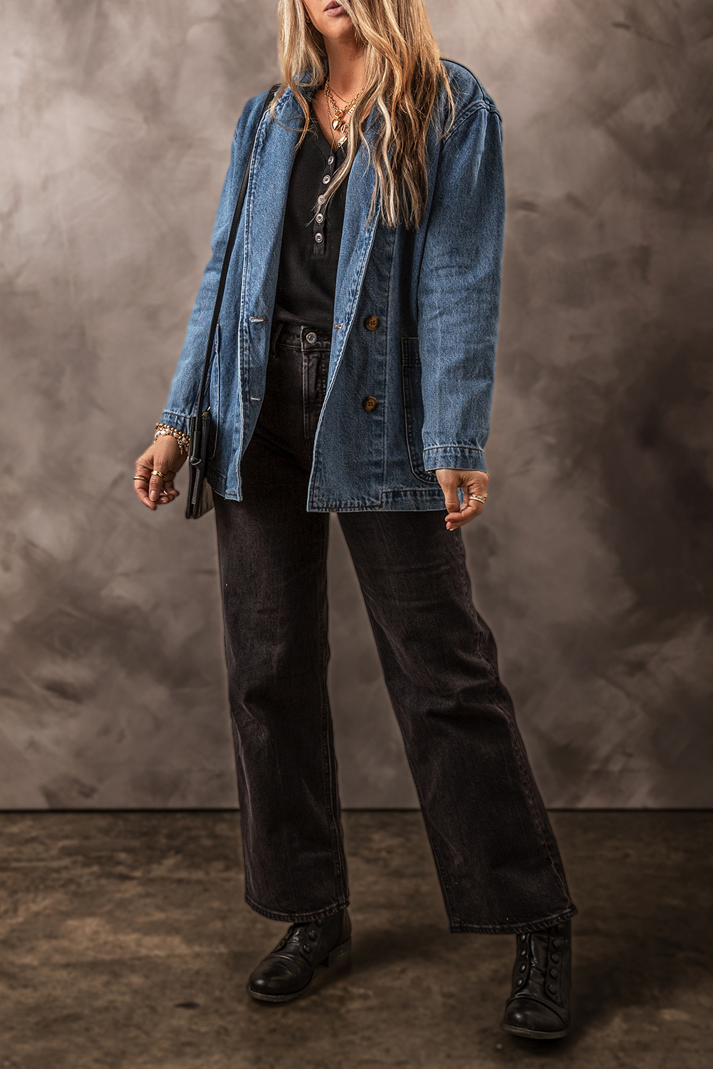 Black Side Pockets Lapel Collar Denim Jacket - loveforevers