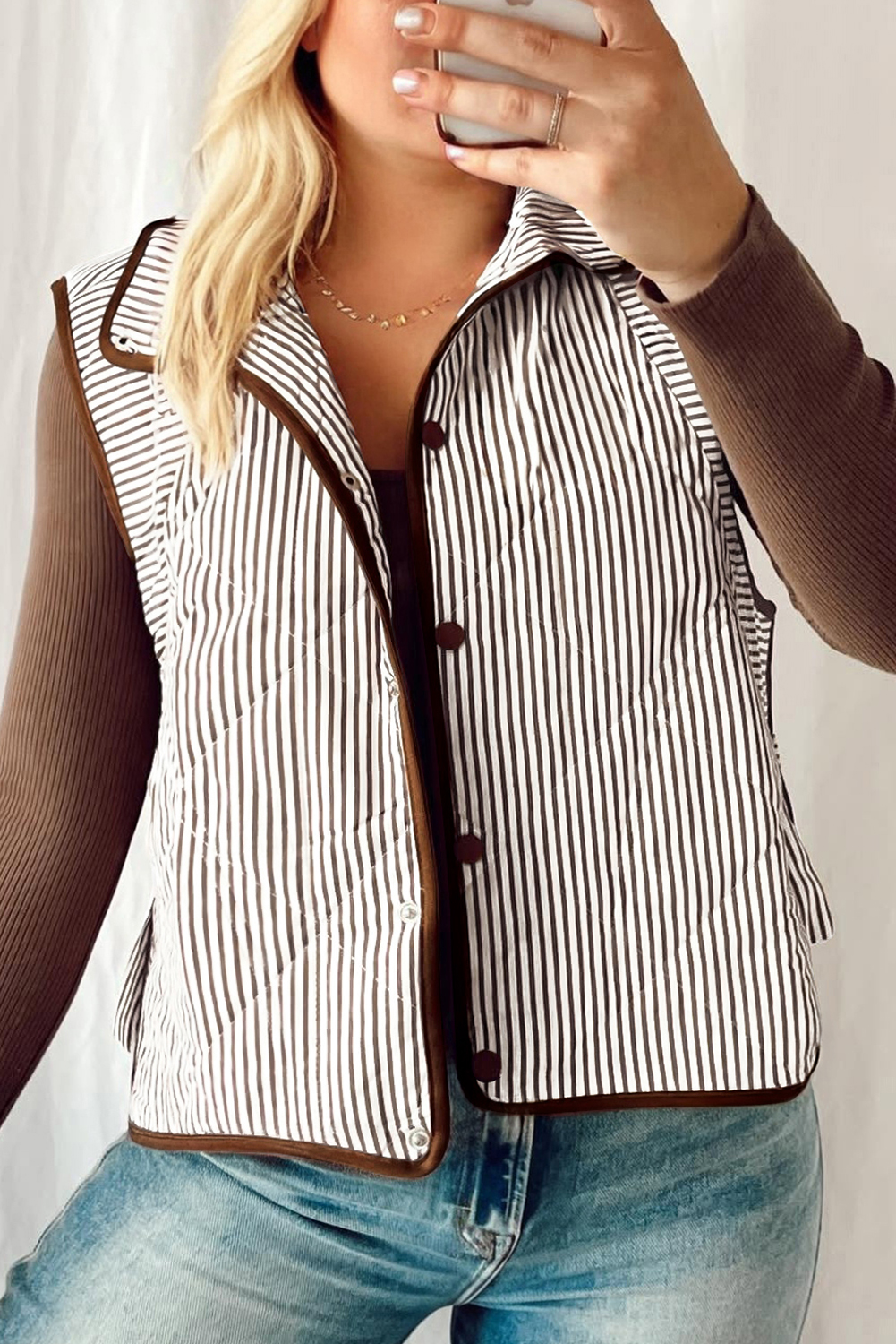 Black Stripe Contrast Trim Snap Button Collared Winter Vest - loveforevers