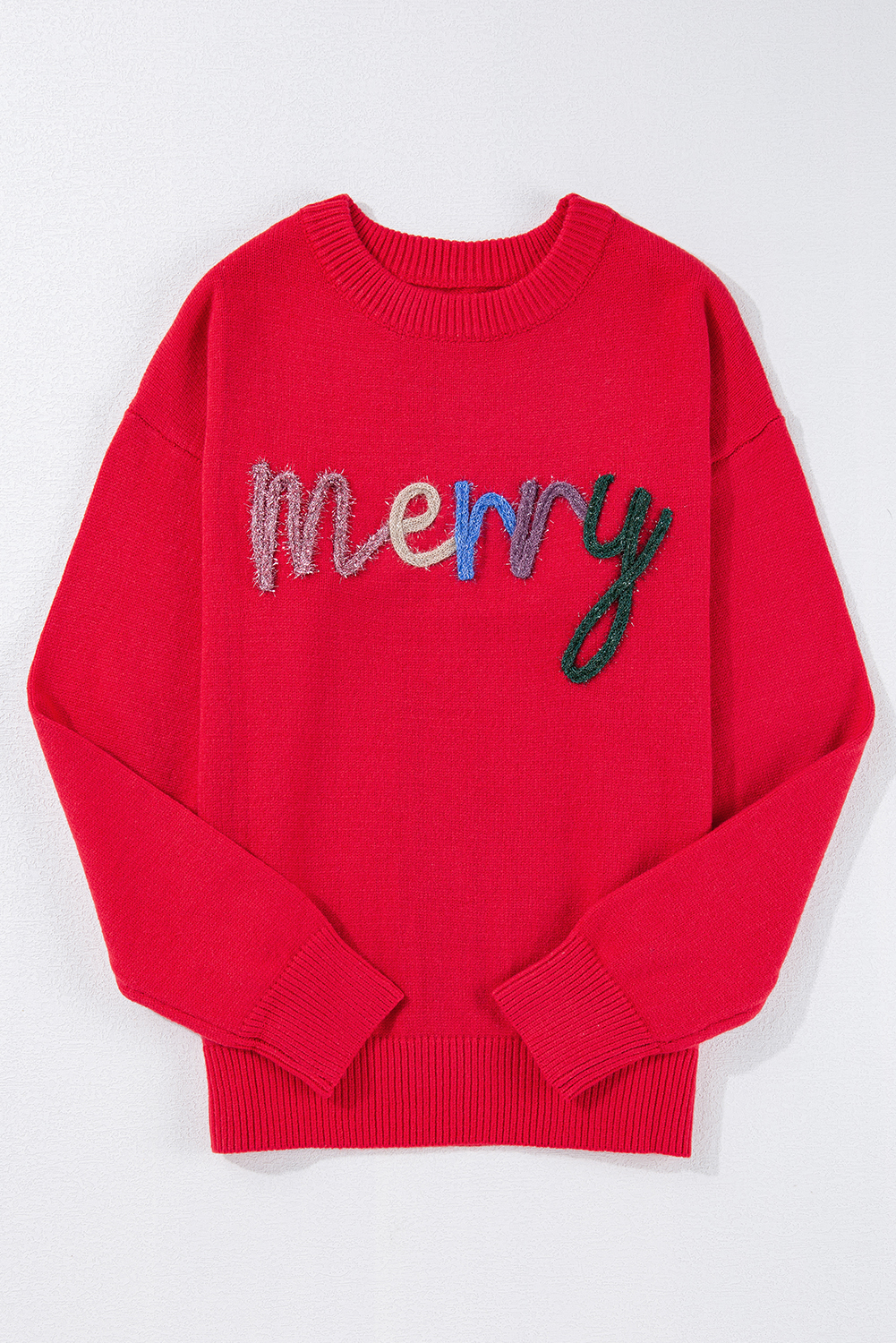 Fiery Red Tinsel Merry Letter Drop Shoulder Baggy Sweater - loveforevers