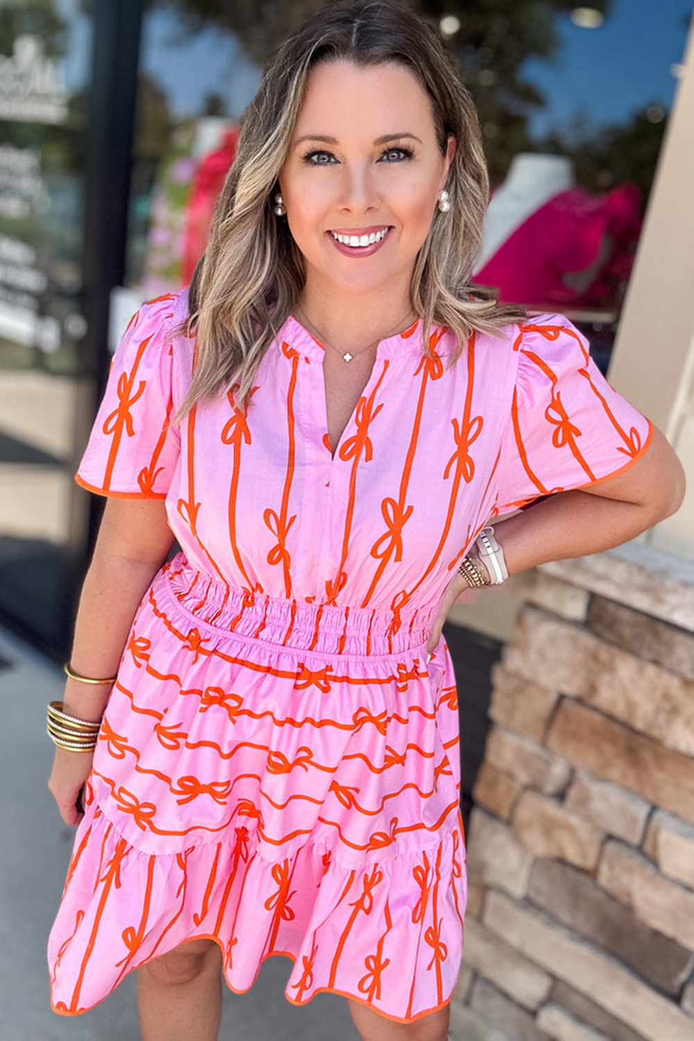 Pink Bowknot Striped Printed Bubble Sleeve Buttoned Belted Mini Dress - loveforevers