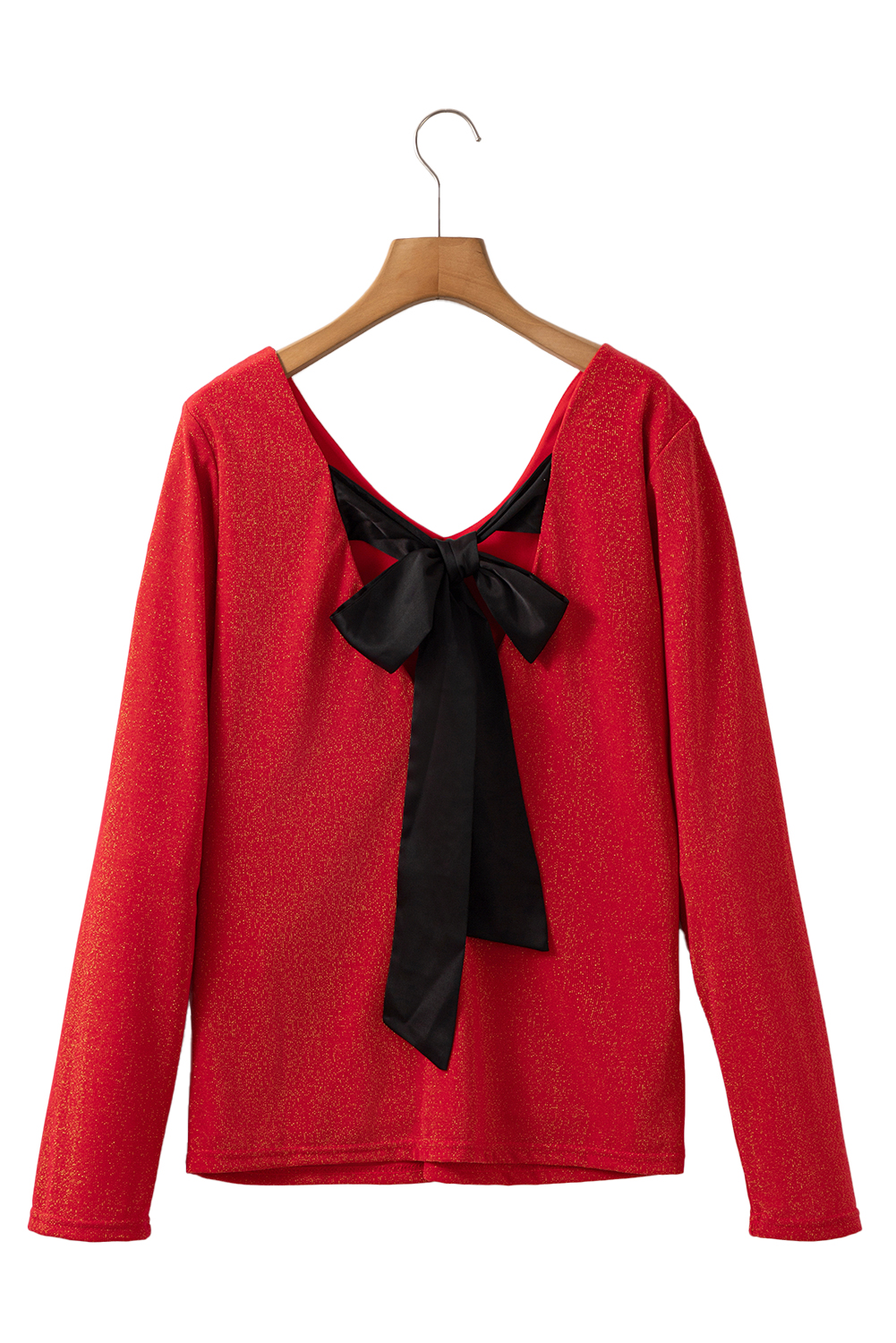Red Metallic Bowknot Open Back V Neck Top - loveforevers