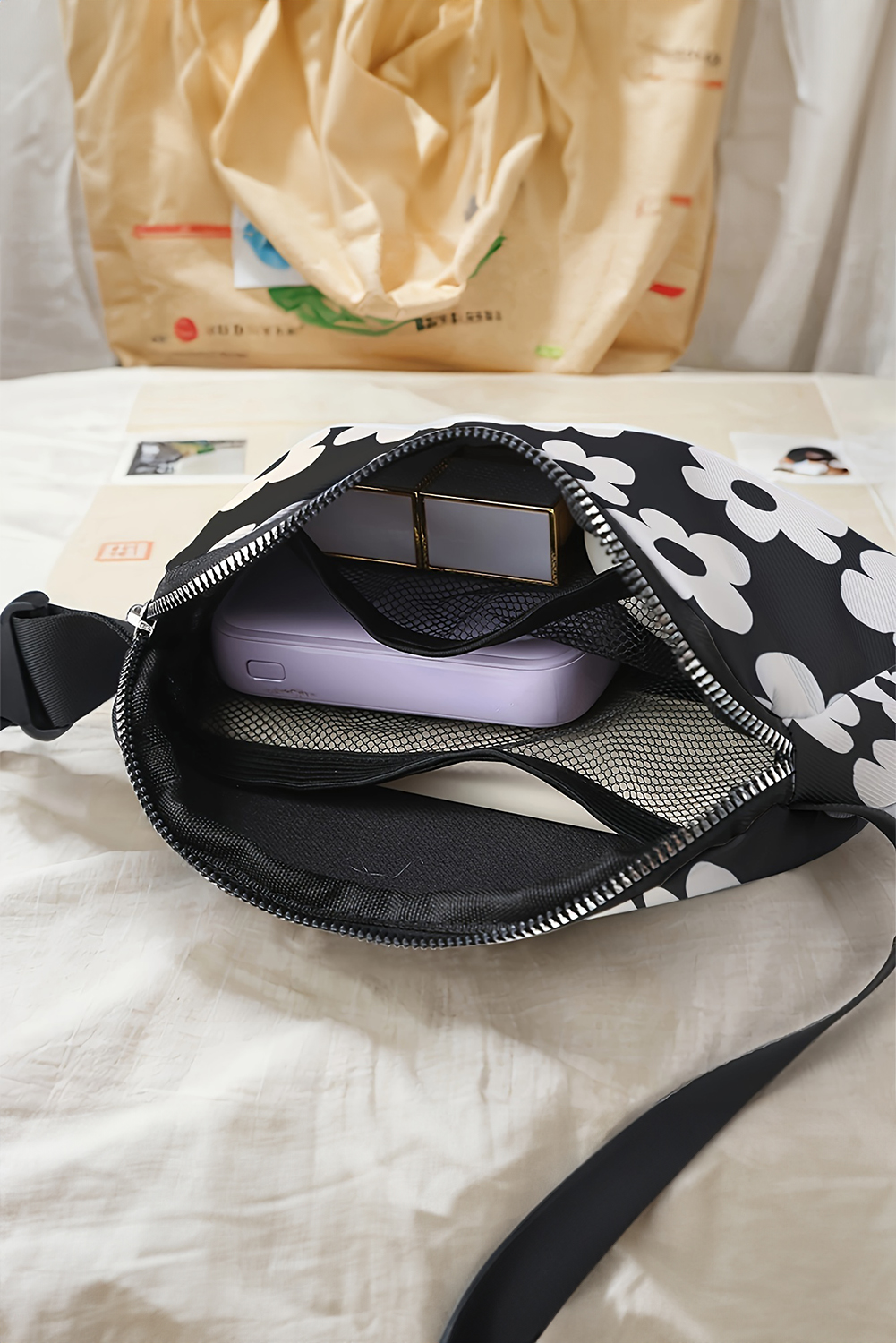 Black Flower Pattern Zipper Cross Body Bag - loveforevers