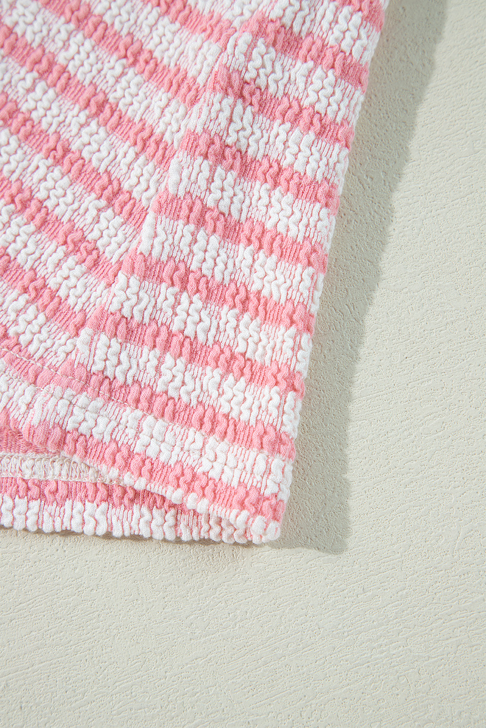 Pink Stripe Textured Puff Sleeve Crewneck Top - loveforevers