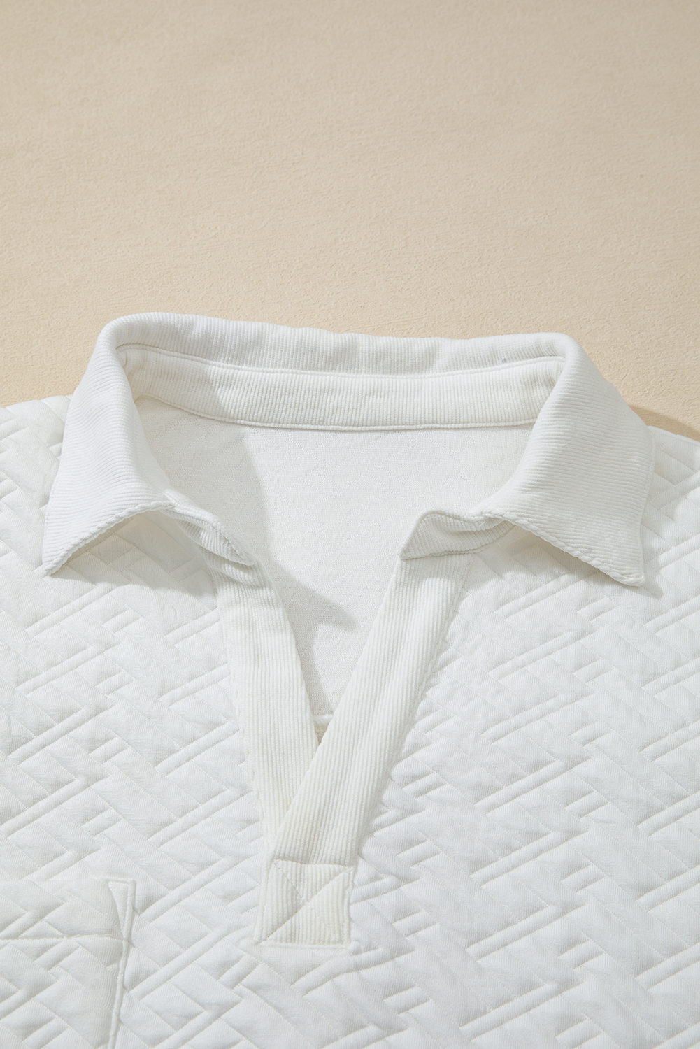 White Textured Pocketed Collared V Neck Pullover Sweatshirt - loveforevers