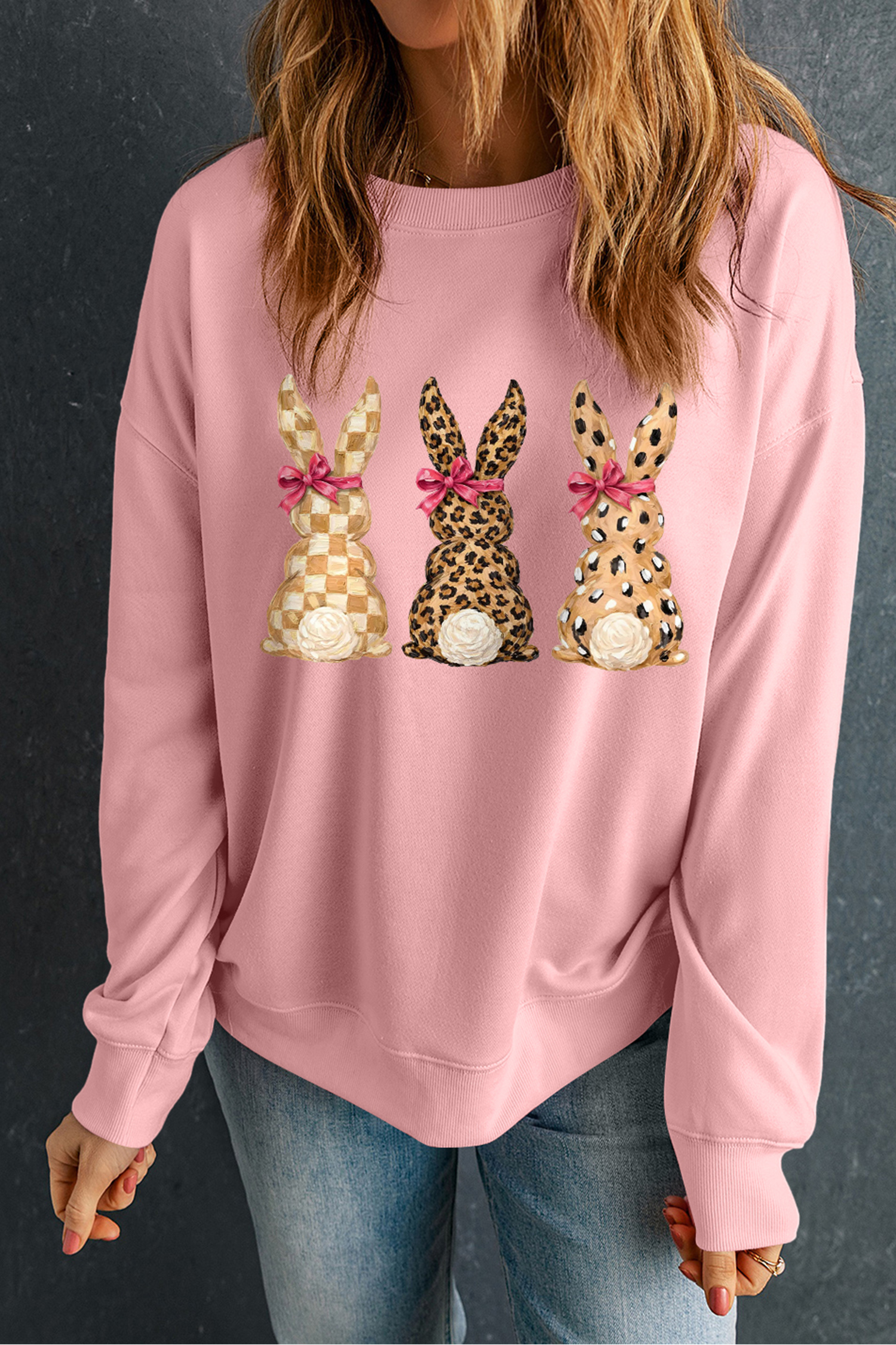 Pink Checkered Leopard Easter Bunny Dropped Shoulder Sweatshirt - loveforevers