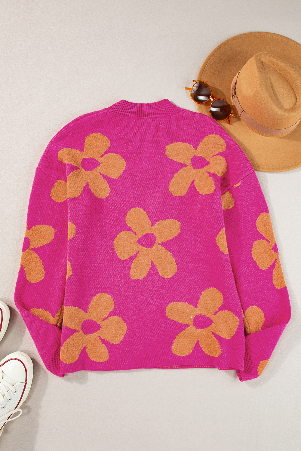Rose Big Flower Pattern Mock Neck Long Sleeve Sweater - loveforevers
