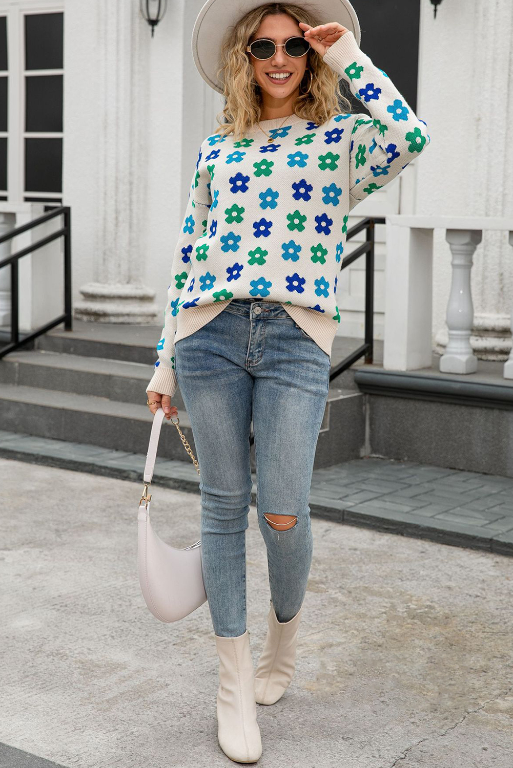 Apricot Cute Flower Allover Ribbed Trimmed Drop Shoulder Pullover Sweater - loveforevers