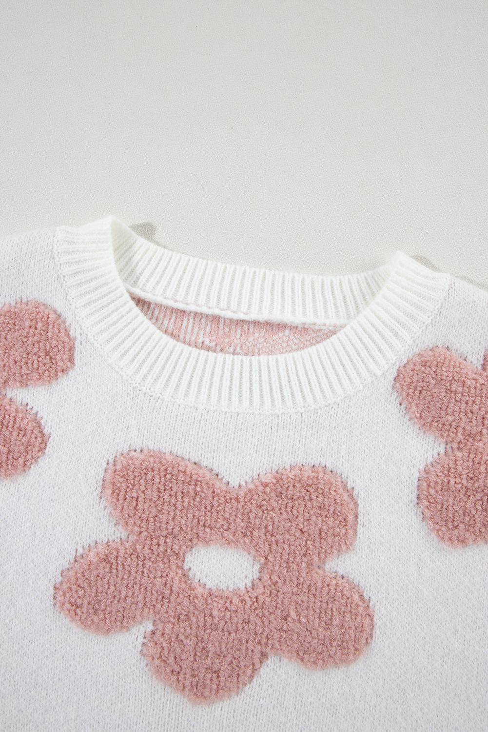 White Textured Flower Drop Shoulder Loose Sweater - loveforevers