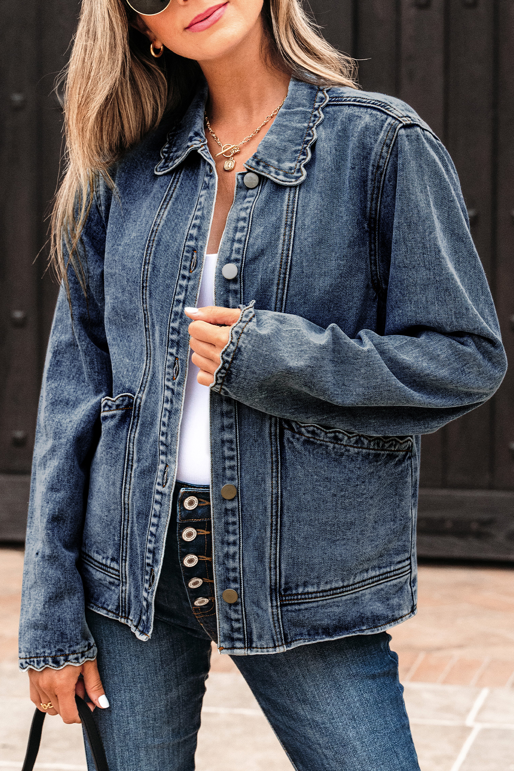 Myosotis Scallop Trim Collar Patched Pocket Button Up Mineral Washed Denim Jacket - loveforevers