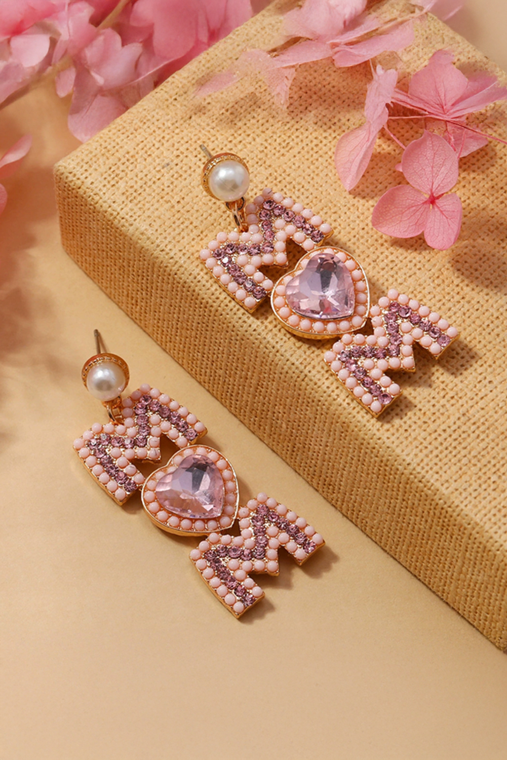 Light Pink Rhinestone Beaded Heart MOM Earrings - loveforevers