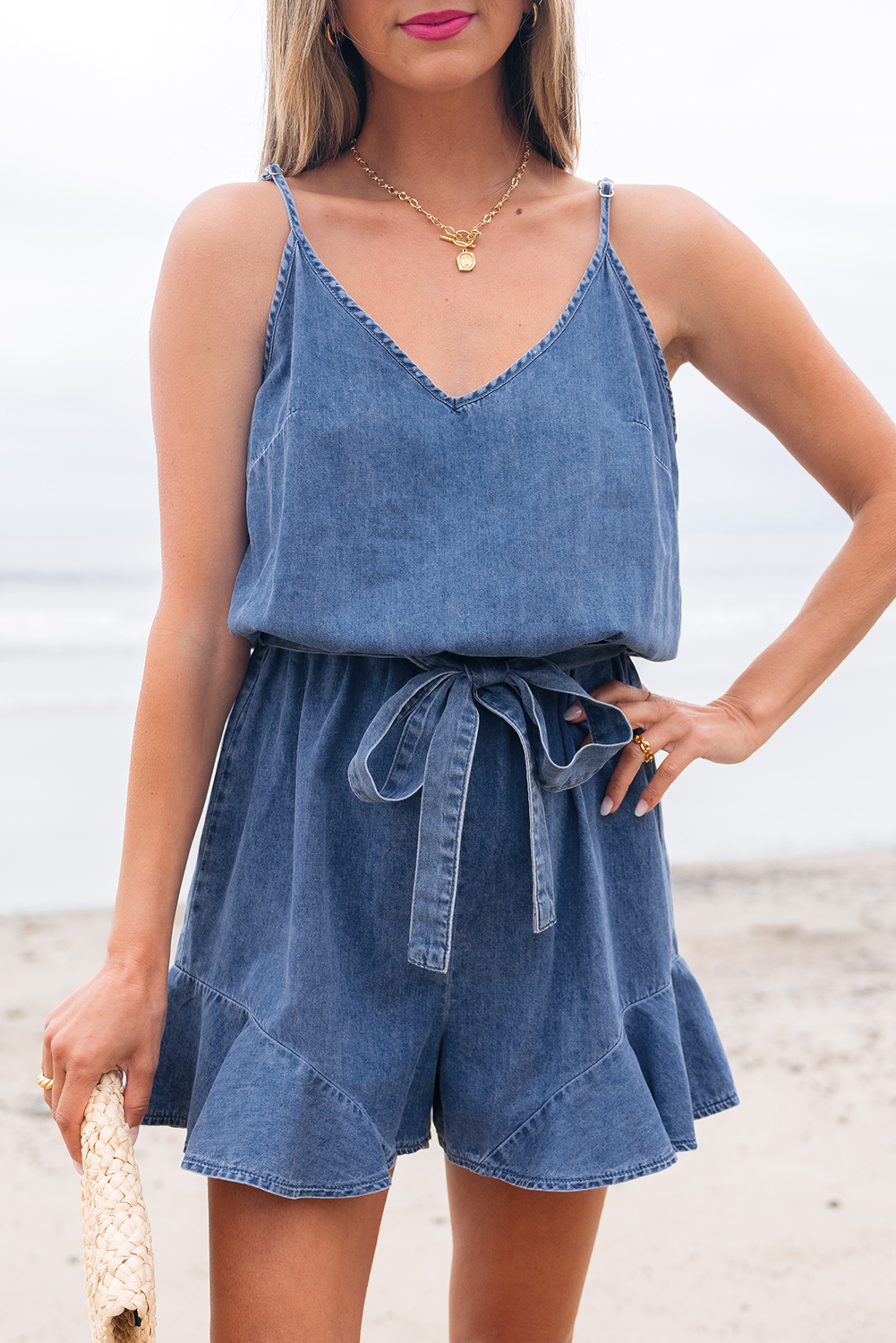 Ashleigh Blue Spaghetti Straps V Neck Belted Ruffled Leg Chambray Romper - loveforevers
