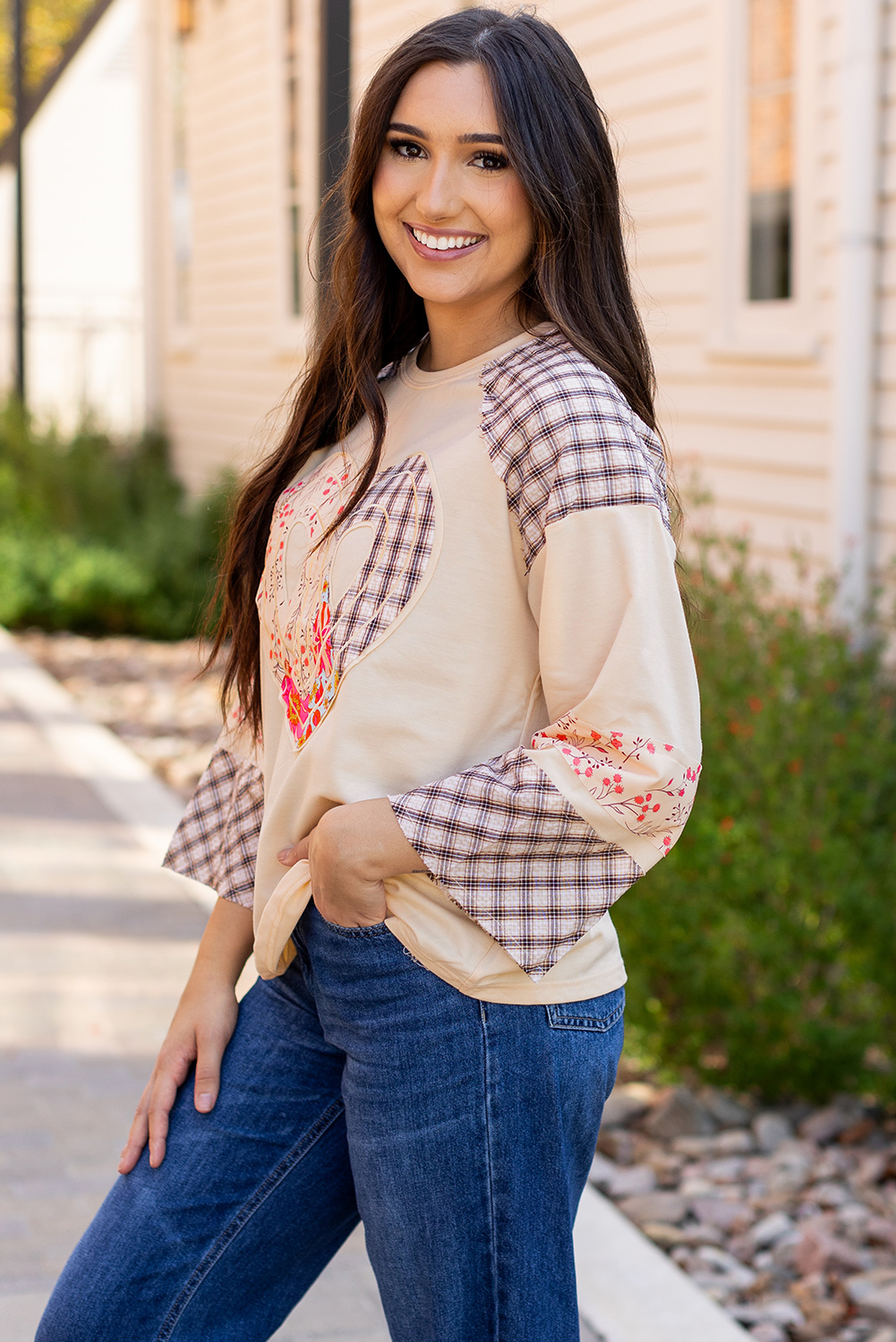 Beige Flower Patch Graphic Exposed Seam Wide Sleeve Top - loveforevers