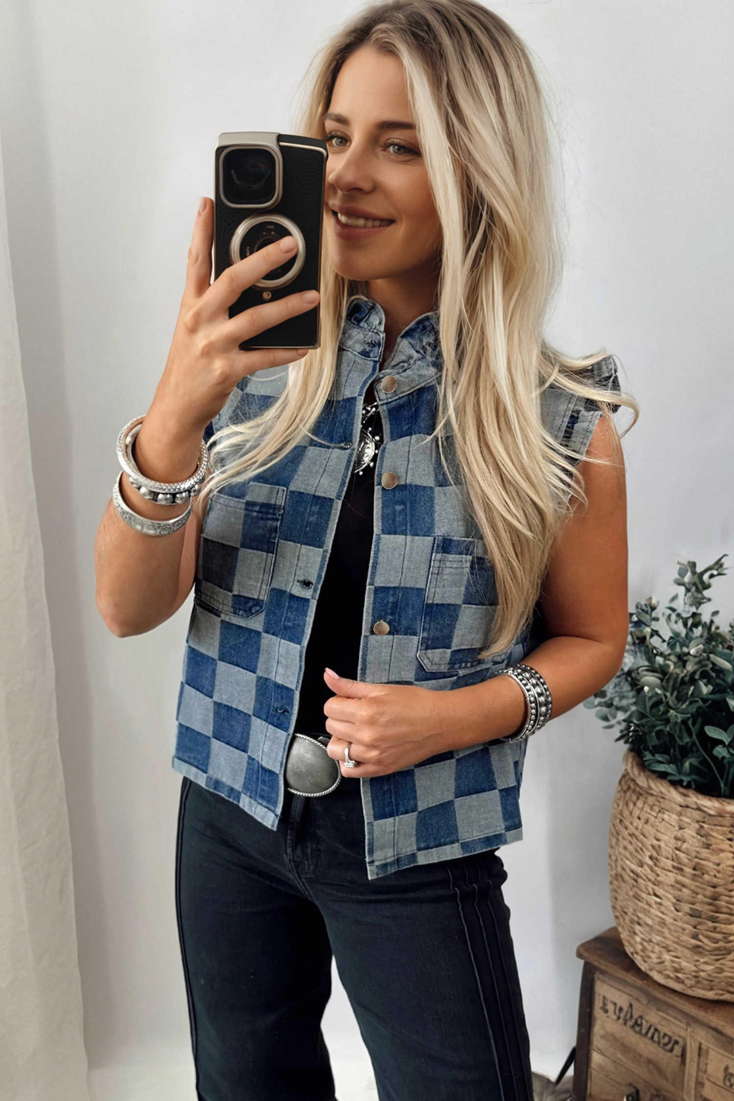 Beau Blue Checkered Ruffle Trim Button Down Denim Vest - loveforevers