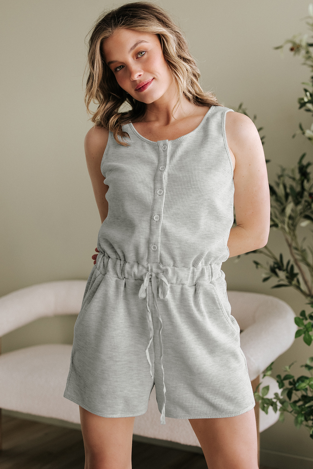 Light Grey Waffle Knit Sleeveless Buttoned Front Drawstring Elastic Waistband Romper - loveforevers
