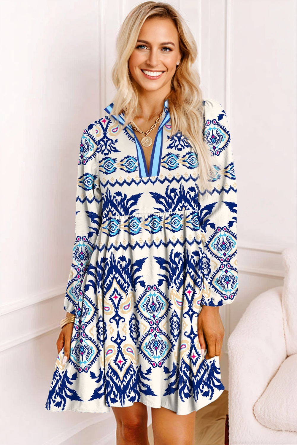 Blue Ethnic Print Striped Split Neck Long Sleeve Flowy Mini Dress - loveforevers