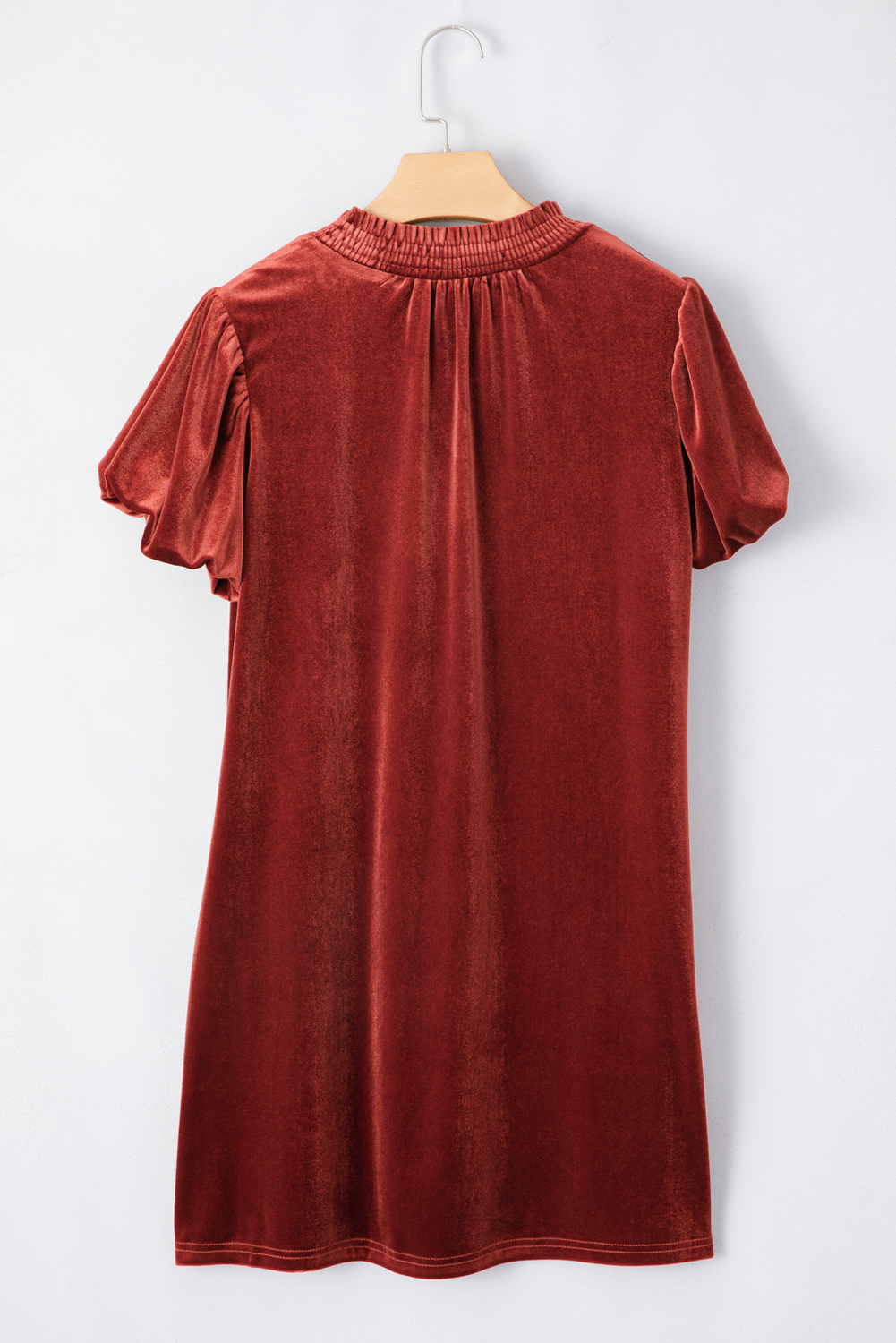 Cinnamon Velvet Smocked Neckline Puff Sleeve Shift Mini Dress - loveforevers