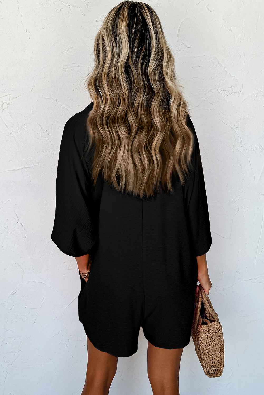 Black Half Button Collared Loose Romper - loveforevers