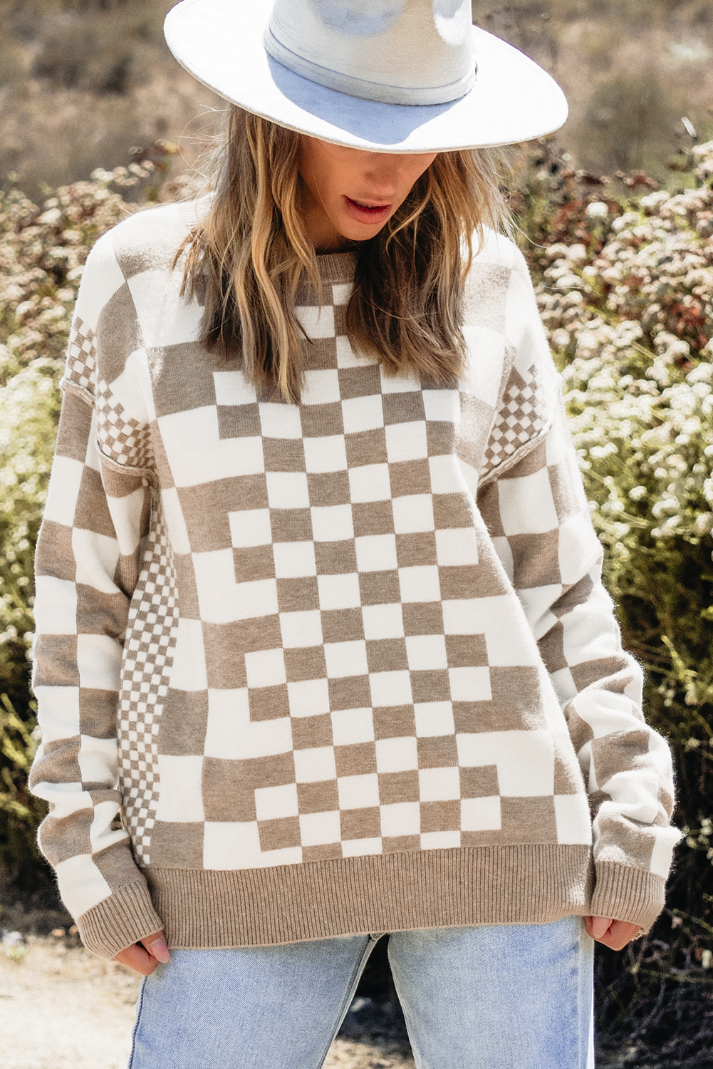 Khaki Checkered Print Drop Shoulder Round Neck Sweater - loveforevers