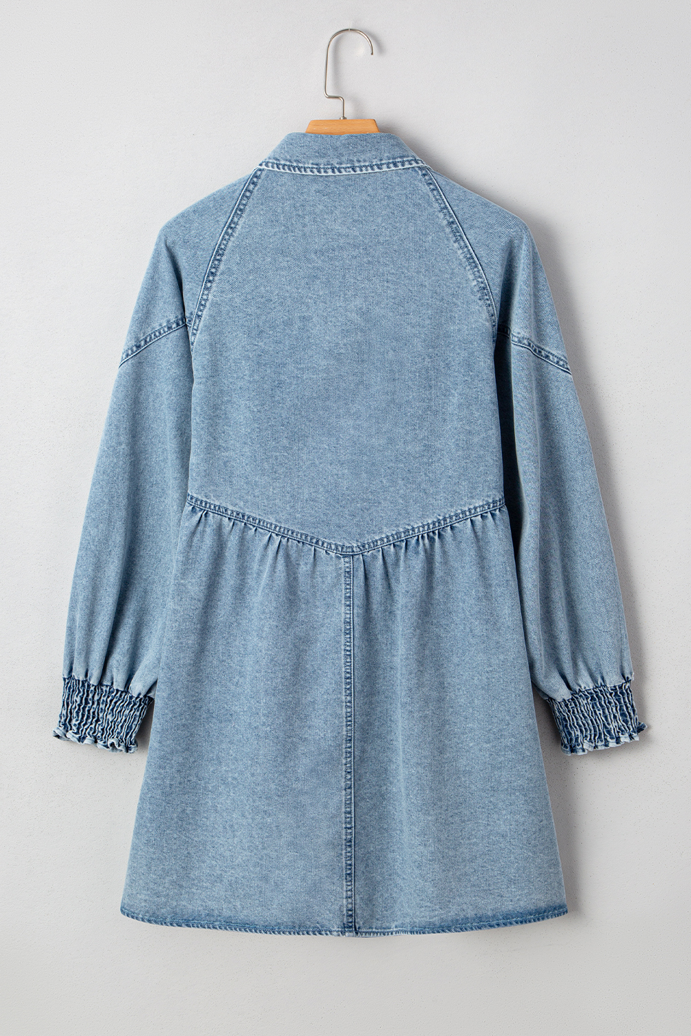 Beau Blue Smocked Cuffs Flared Denim Shirt Mini Dress - loveforevers