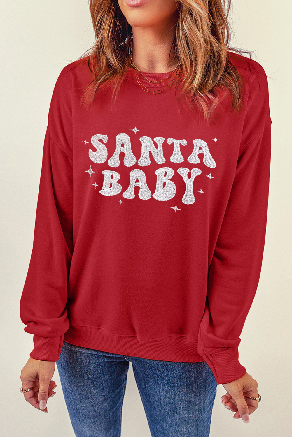 Red SANTA BABY Embroidered Crewneck Christmas Sweatshirt - loveforevers