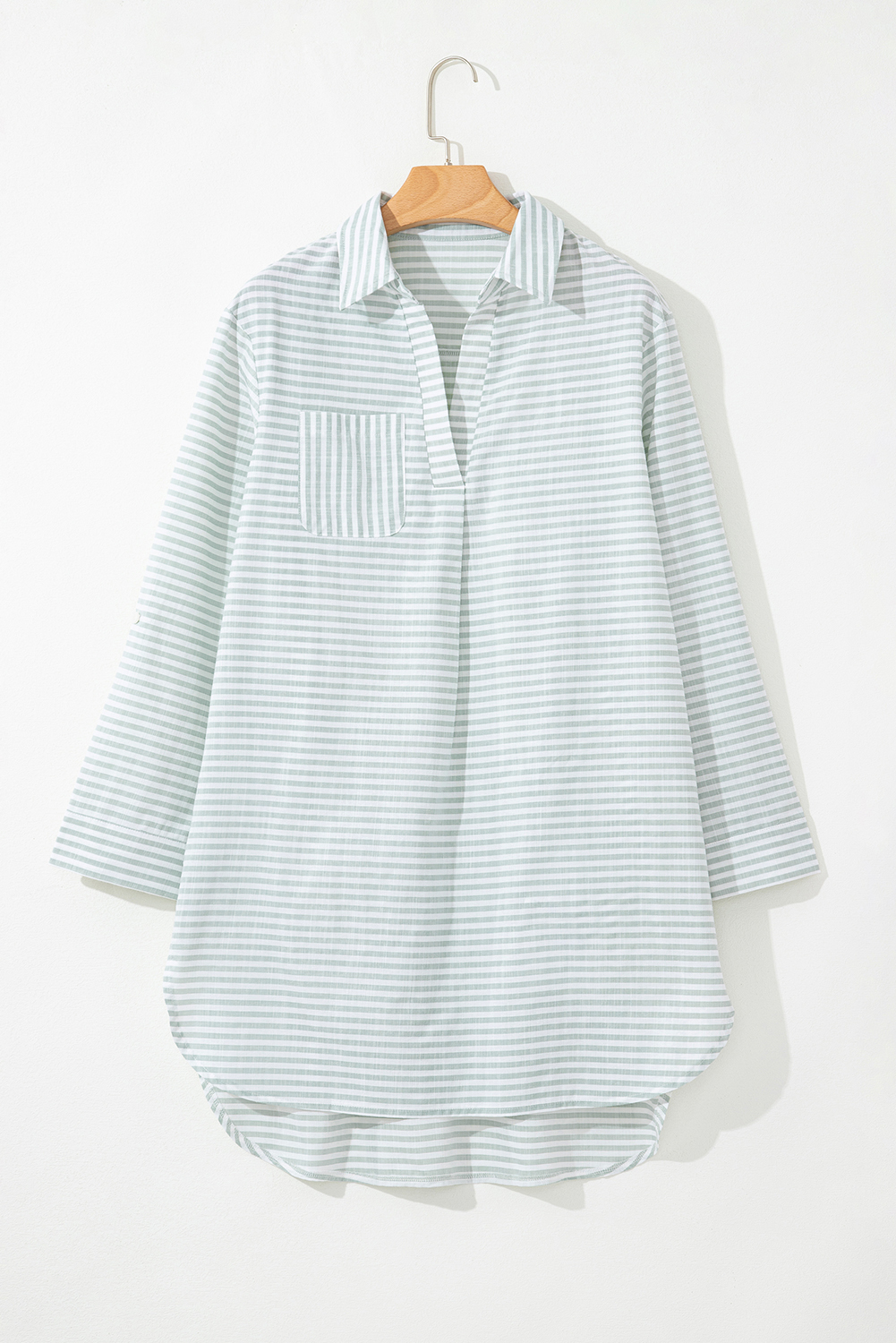 White Stripe Collared V Neck Chest Pocket Long Sleeve Beach Cover up - loveforevers