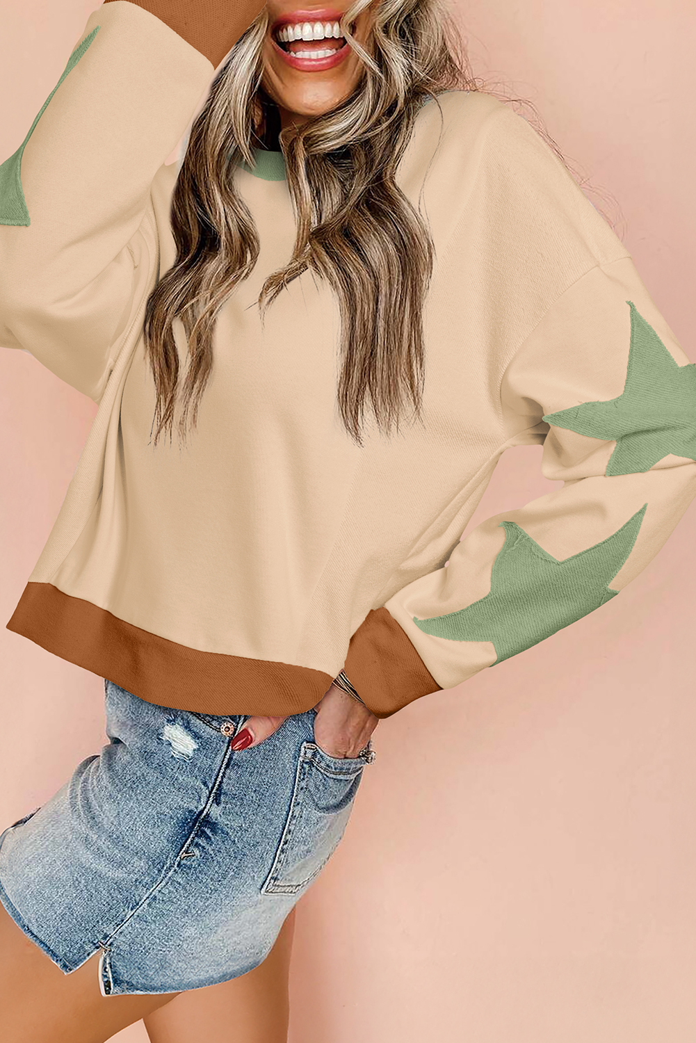 Parchment Star Patchwork Exposed Seam Oversized Sweatshirt - loveforevers
