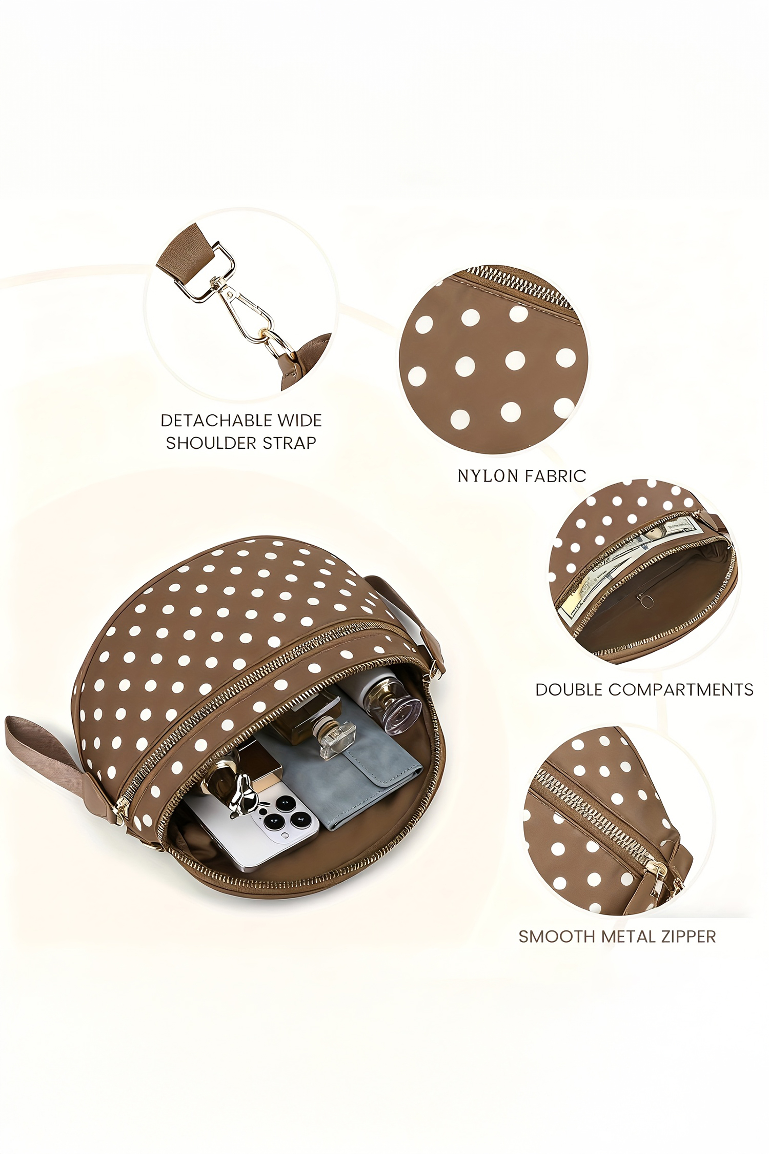 Camel Polka Dot Print Gold Chain Strap Double Zipper Crossbody Bag - loveforevers