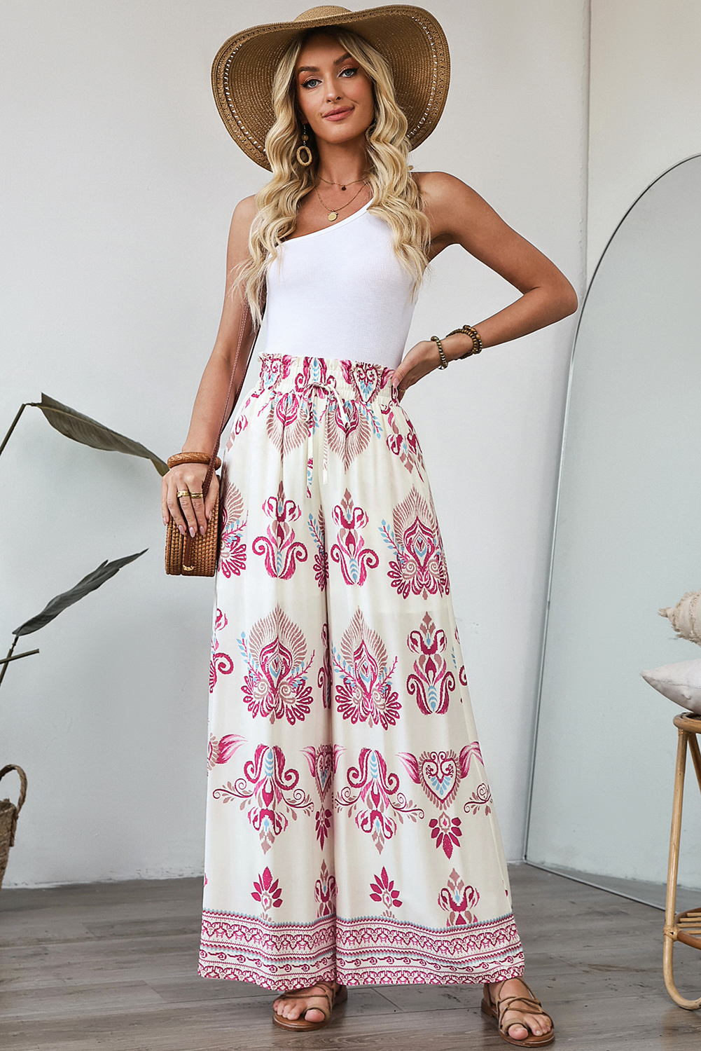 Rose Boho Printed Shirred High Waist Flowy Wide Leg Pants - loveforevers