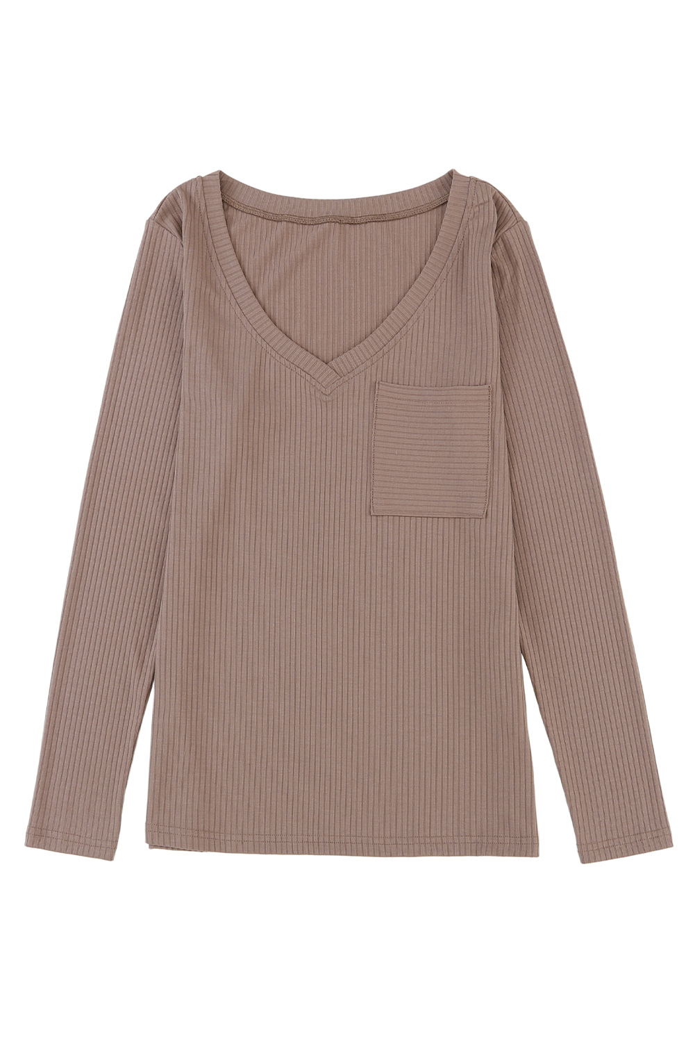 Khaki Ribbed Knit Patched Chest Pocket V Neck Top - loveforevers