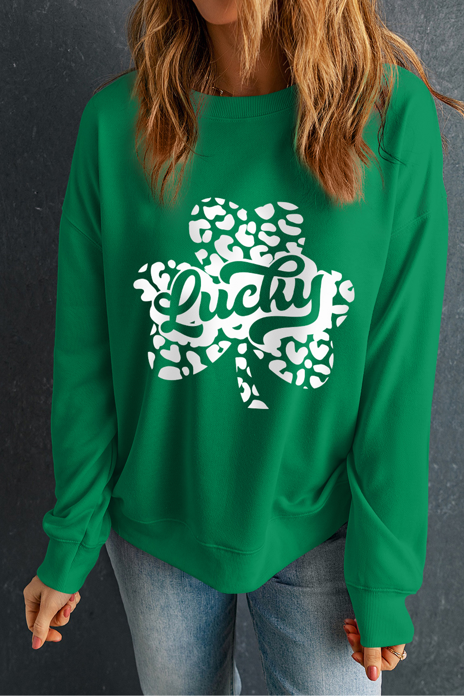 Dark Green Lucky Leopard Clover Dropped Shoulder Sweatshirt - loveforevers