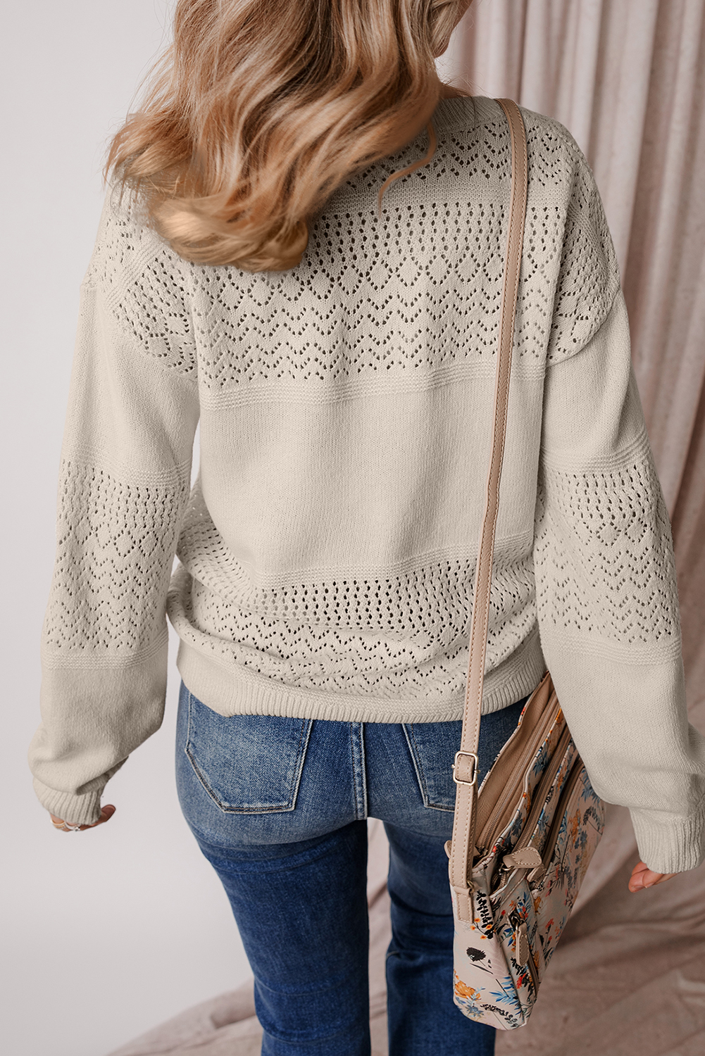 Sky Blue Eyelet Pattern Detail V Neck Drop Shoulder Sweater - loveforevers
