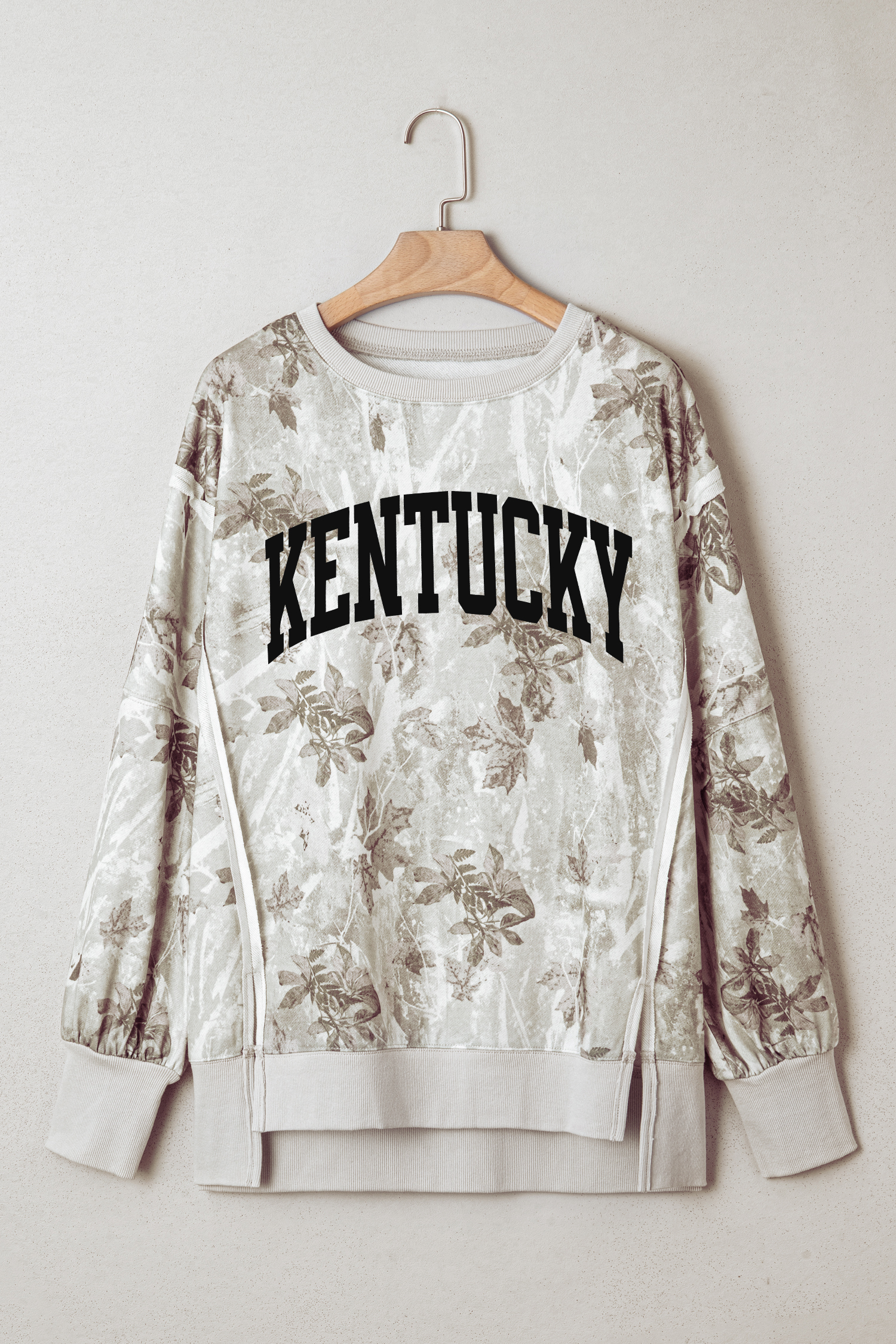 Gray KENTUCKY Raw Seam Detail Leafy Camouflage Baggy Sweatshirt - loveforevers