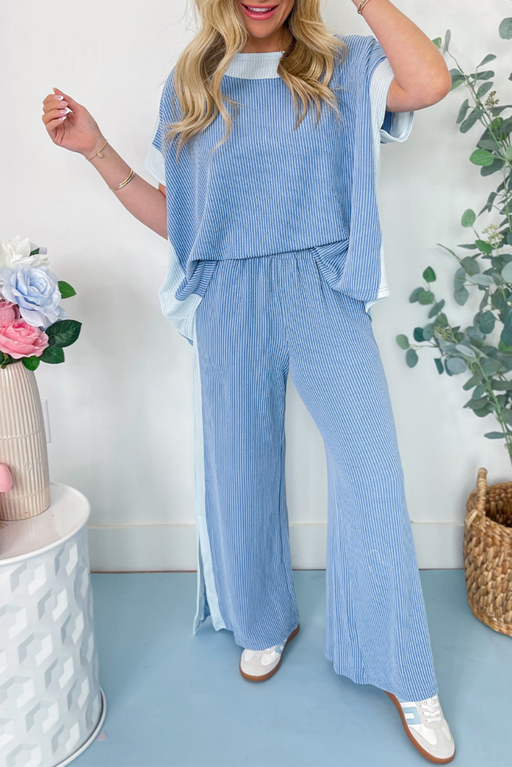 Sky Blue 2-tone Colorblock Patchwork Corded 2pcs Outfit - loveforevers
