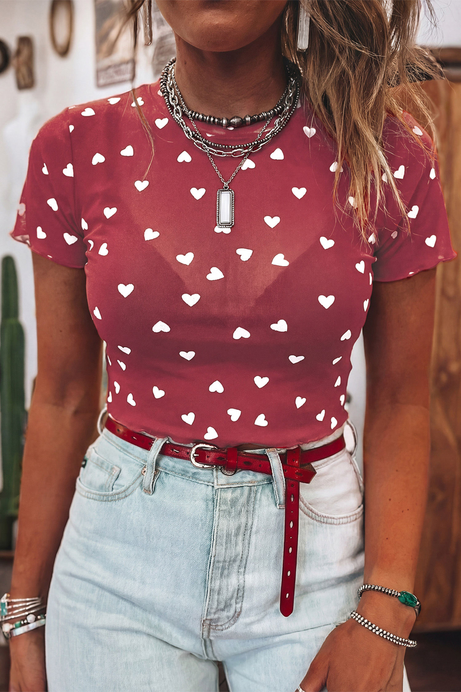 Racing Red Allover Heart Print Mesh Short Sleeve Top - loveforevers