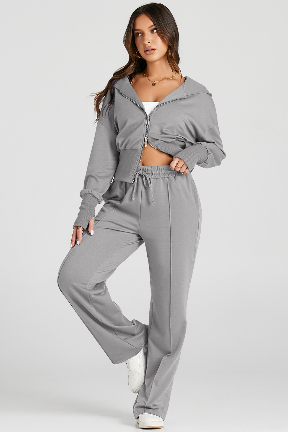 Gray Double Zipper Hooded Jacket and Sweatpants Active Set - loveforevers