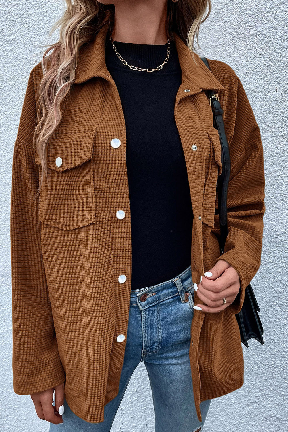 Brown Textured Flap Pocket Drop Shoulder Shacket - loveforevers