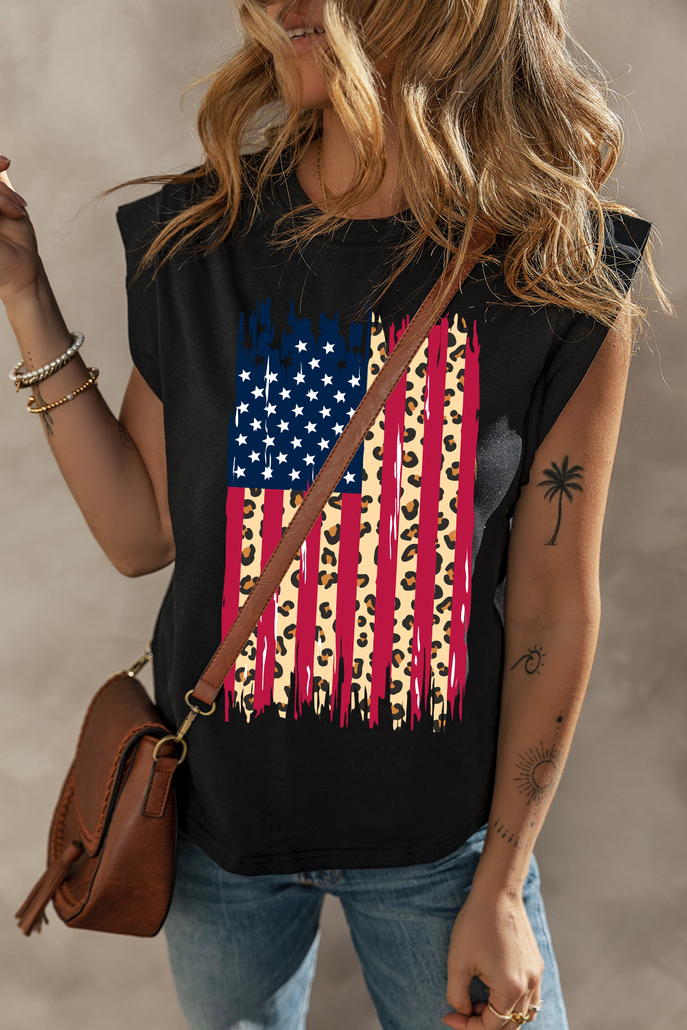Black Leopard US Flag Printed Sleeveless Cotton Top - loveforevers