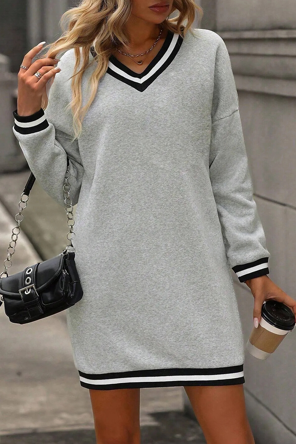 Light Grey Striped Trim V Neck Long Sleeve Preppy T Shirt Dress - loveforevers